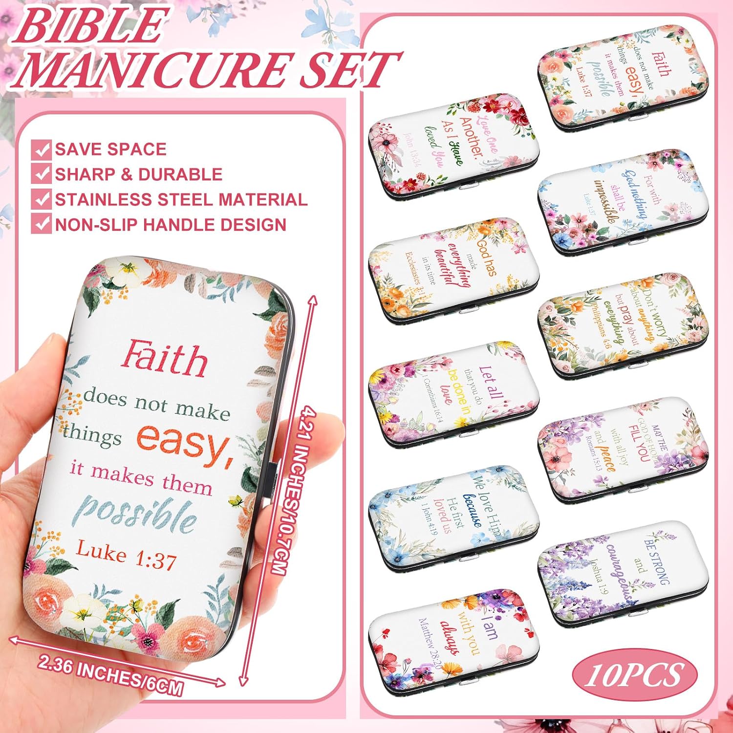 10 Sets Christian Gifts Bulk for Women Church Bible Manicure Sets Floral Warmth Scripture Stainless Steel Nail Clipper Set Religious Gift for Employee Teacher Christmas Party Supplies