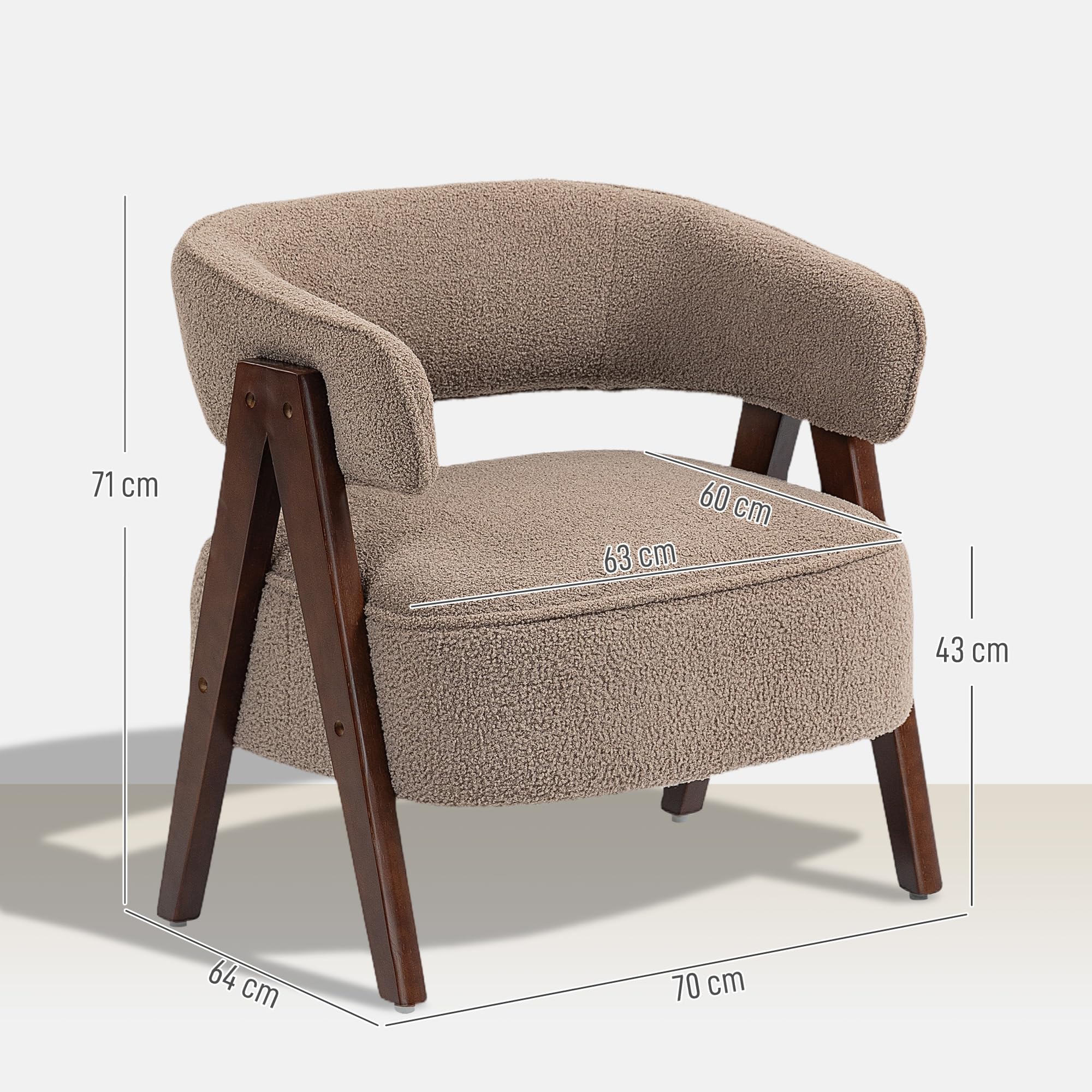 HOMCOM Butaca de Salón Tapizada en Borreguito, Sillón de Lectura Acolchado Grueso y Moderno, Asiento Ancho, Patas de Madera, Respaldo Curvado, para Dormitorio, Oficina, Marrón Claro