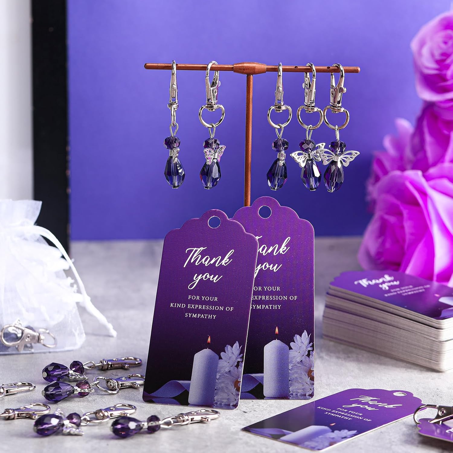 Hicarer 60 Set Funeral Favors, Celebration of Life Favors Angel Keychains Organza Bags Sympathy Thank You Tags for Memorial Party Supplies Guest Return Funeral Gifts(Purple) - Image 5