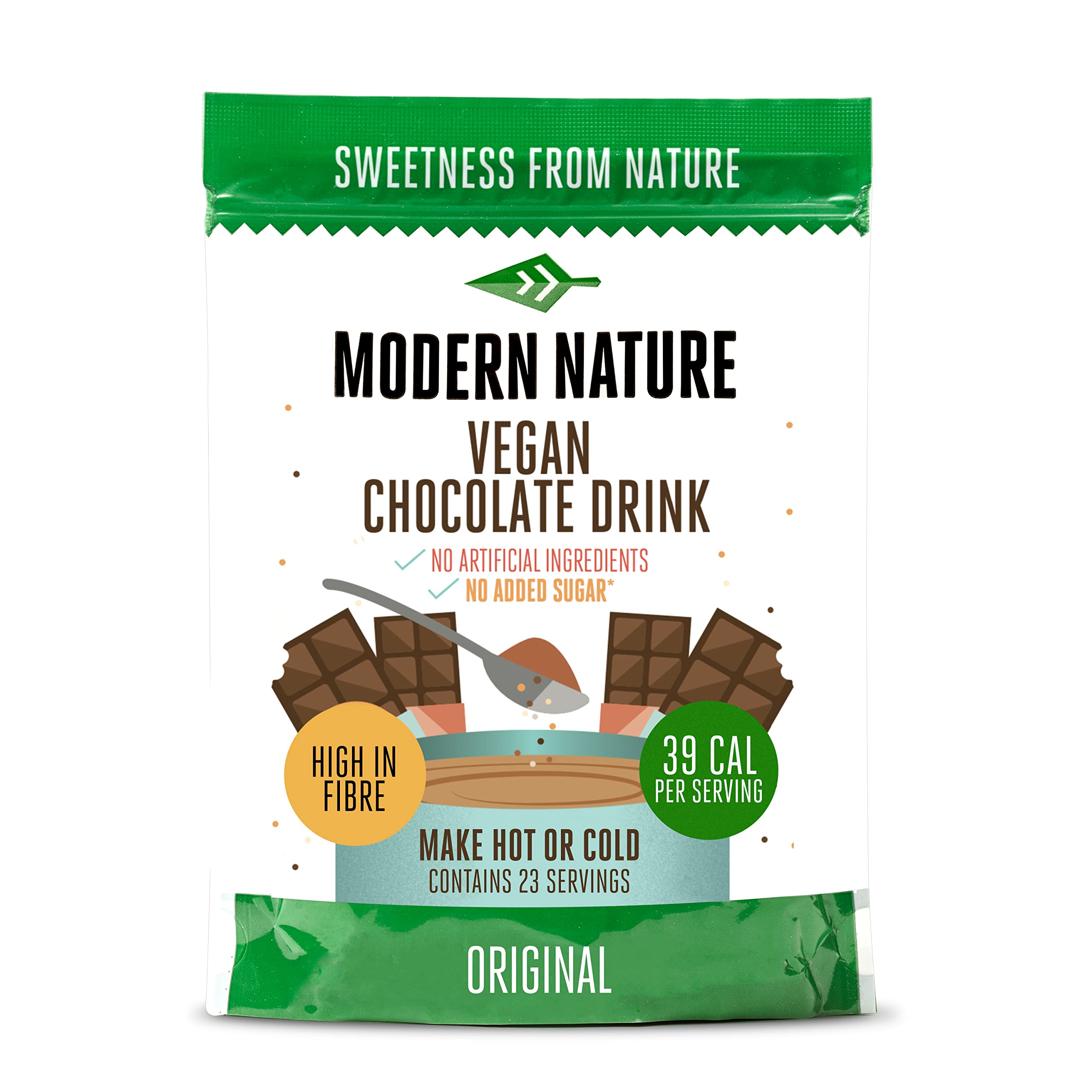 Modern Nature Vegan Chocolate Drink – Sugar Free, Low Calories, Dairy & Lactose Free - Healthy Instant No Added Sugar Cocoa for Hot Chocolate & Milkshakes (230g)