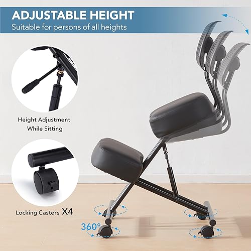 Miniatura 5 de Silla ergonómica de rodillas con soporte de espalda, silla de escritorio para oficina en casa con ruedas de freno y deslizantes, silla de postura