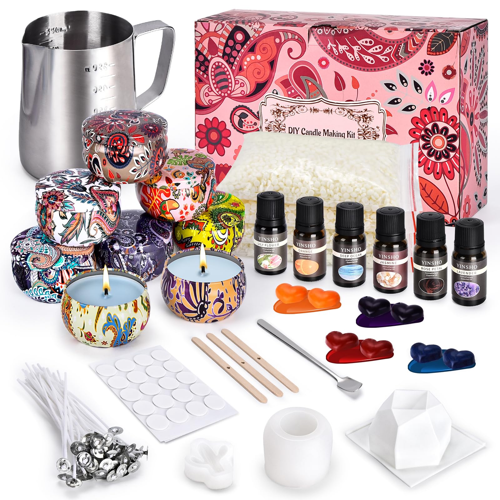 BuzzoXerex Kit de Fabricación para Velas Aromáticas, DIY Kit de Fabricación para Velas, Kit Hacer Velas para Estudiante Principiante con 4 Cera de Soja para Velas, 6 Aceite Esencial, Frascos, 8 Tarros