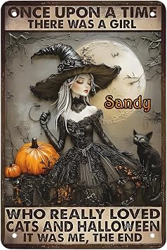 Custom Witch Metal Tin Signs with Name, Personalized Halloween Vintage Metal Signs for Home Kitchen Bar Cafe Bathroom Wall Decor,Witch pictures wall decor, Funny Retro Gifts 8X12 or 12x16 In