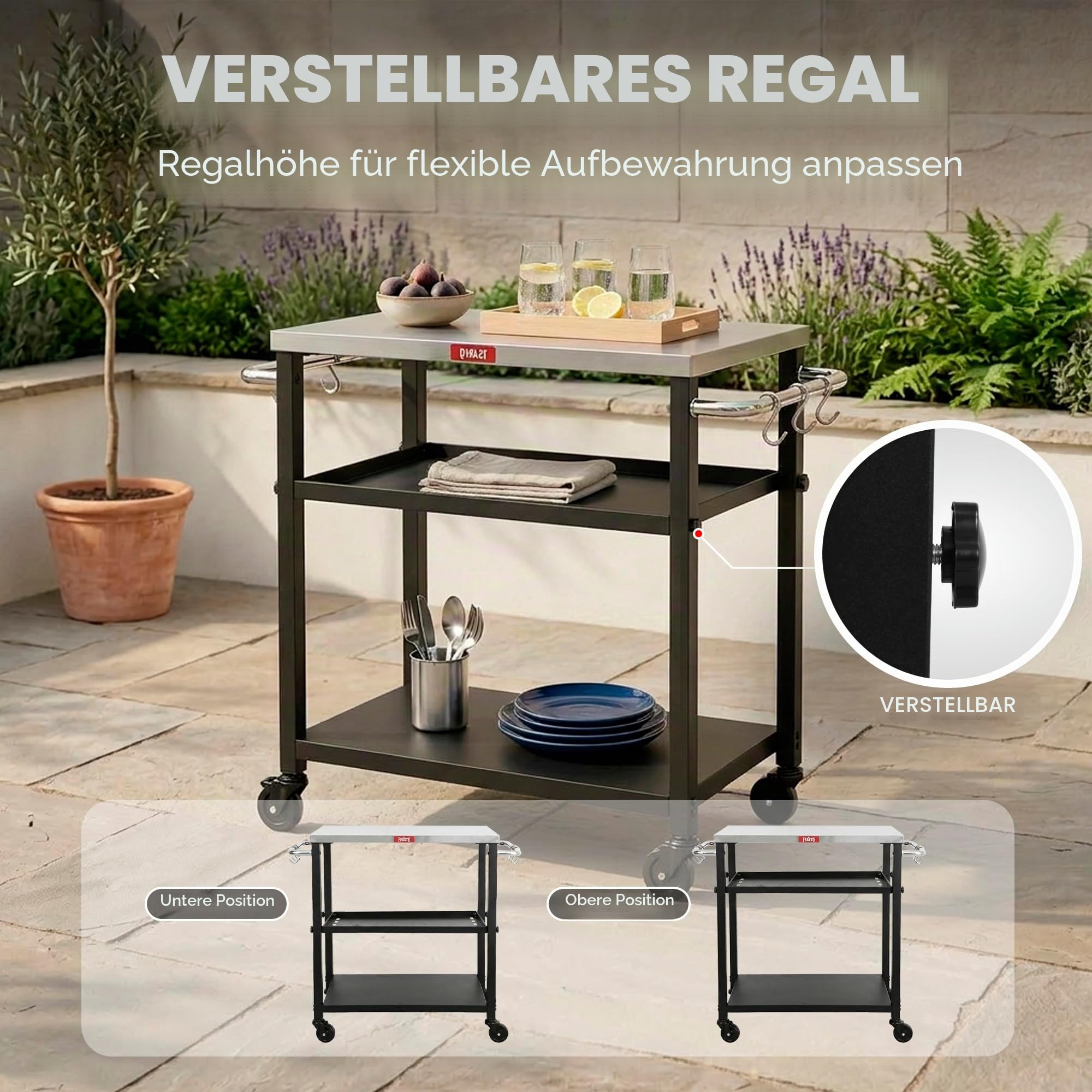 Feasto Rollender 3-stöckiger Verstellbarer Pizza-Ofen-Tisch und Lebensmittelzubereitung, für Zuhause und Außenbereich, multifunktional, funktioniert auf Vier Rädern, L 86xB 40xH 84 cm