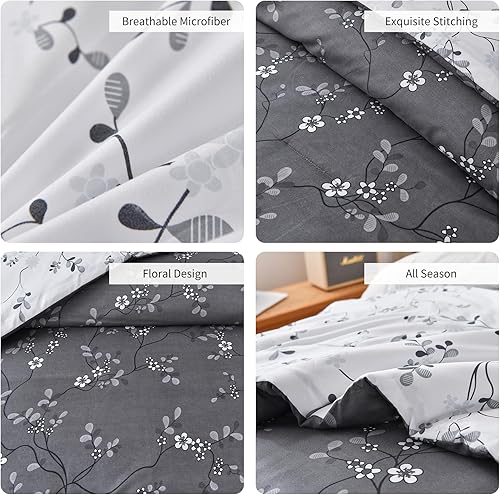 Miniatura 6 de Juego de edredón morado tamaño Queen, juego de ropa de cama botánica de 4 piezas con estampado de plantas y flores con 3 fundas de almohada para