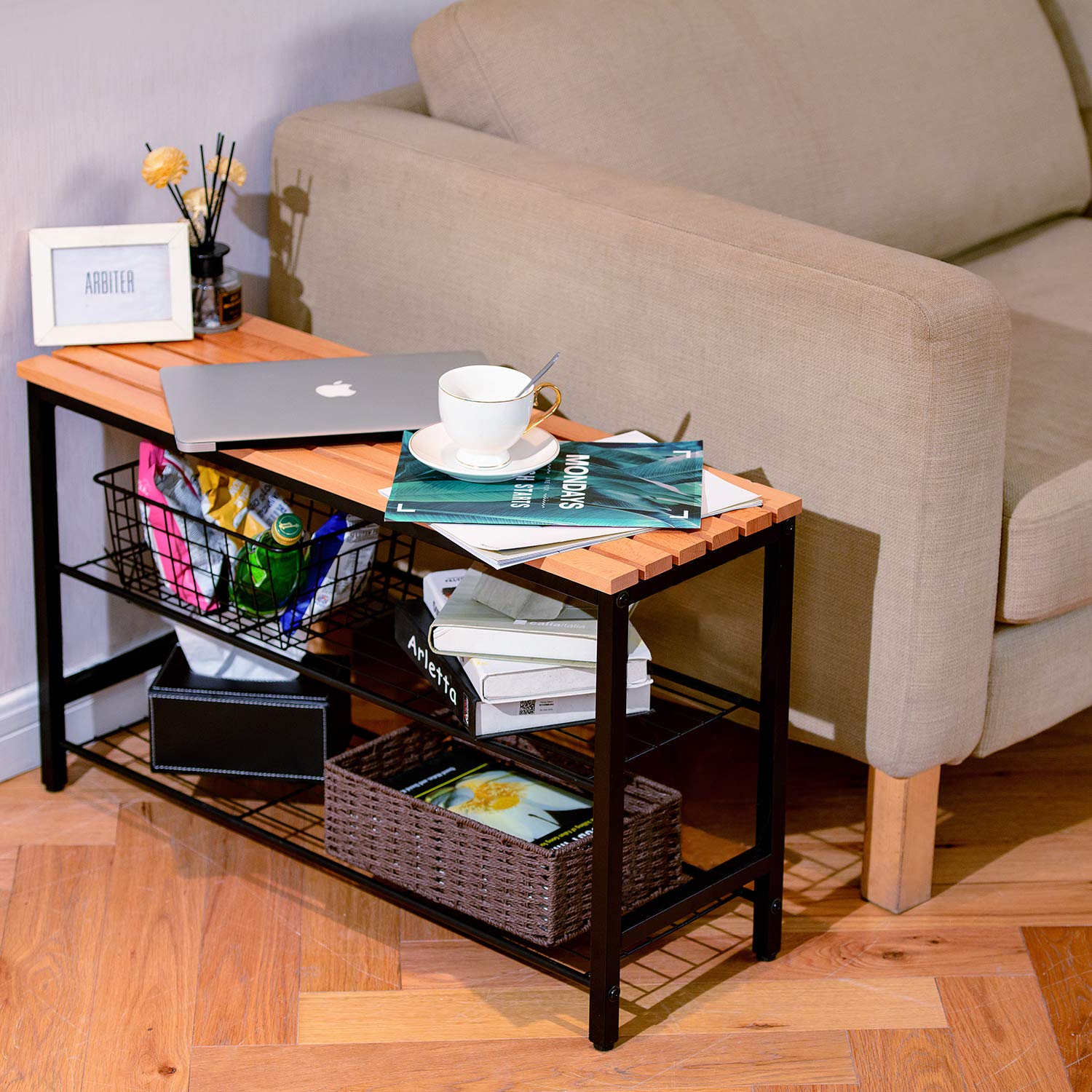 Hododou 3 Tier Shoe Rack Bench Shoe Storage Rack with Seat Beech Wood