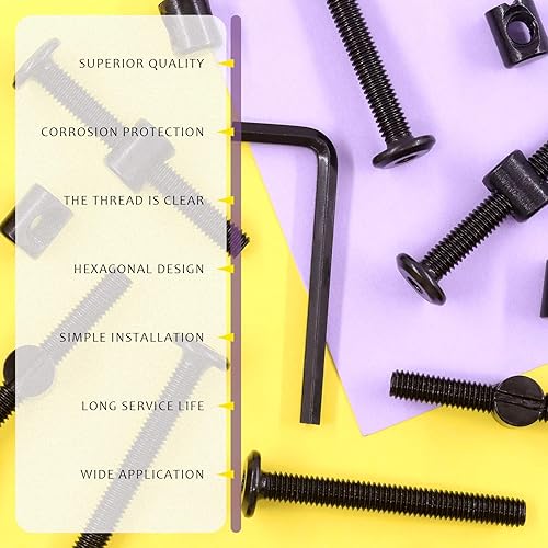 Miniatura 6 de Swpeet 51 tornillos negros M6 × 2.165 in, tornillos hexagonales para cuna, perno de cuna y tuercas de barril con 1 llave Allen perfecta para