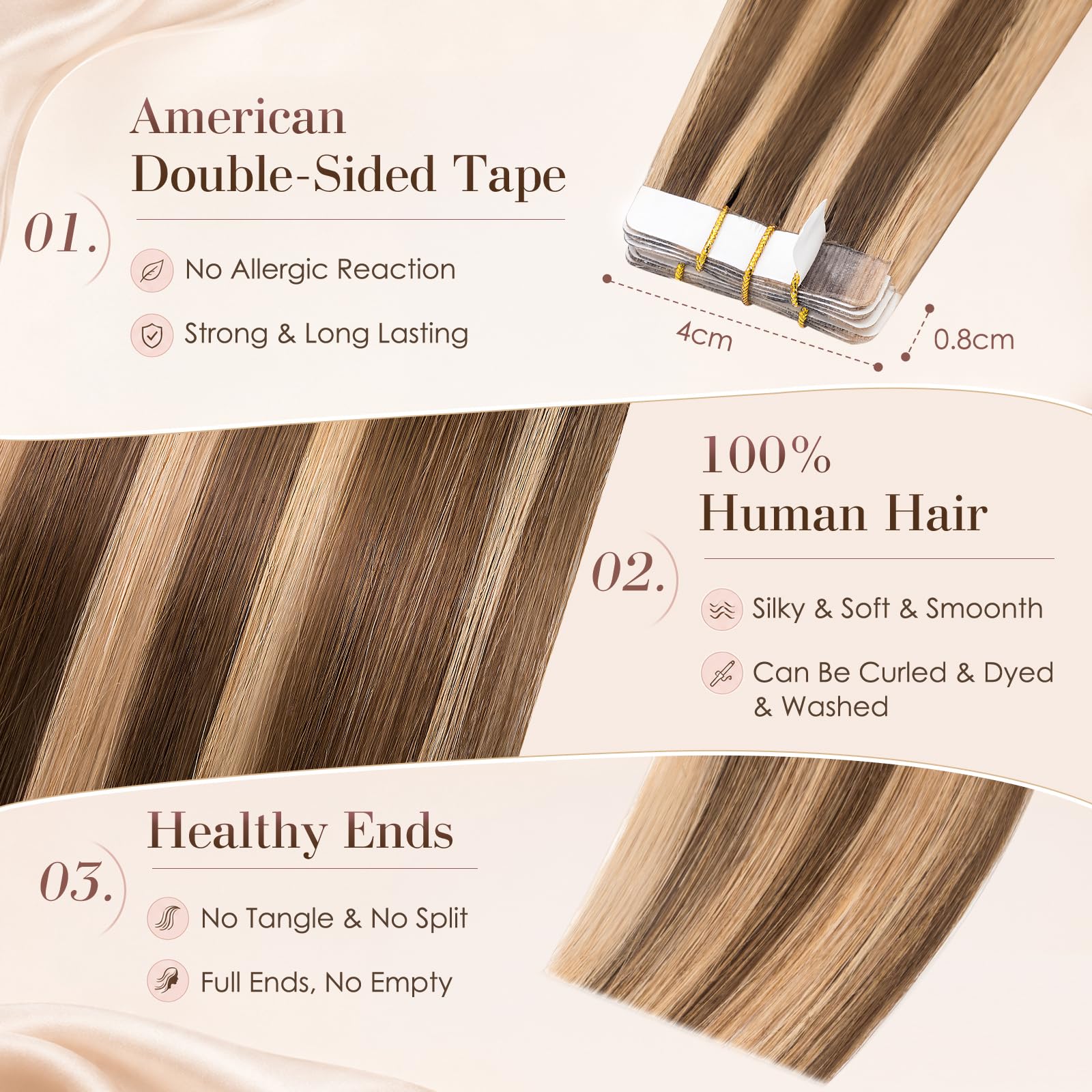 Elailite Extensiones Adhesivas Pelo Natural 10 Mechas Cabello Cosido Invisible 100% Humano 50cm 25g #4P27 Marrón Medio Mecha Rubio Oscuro