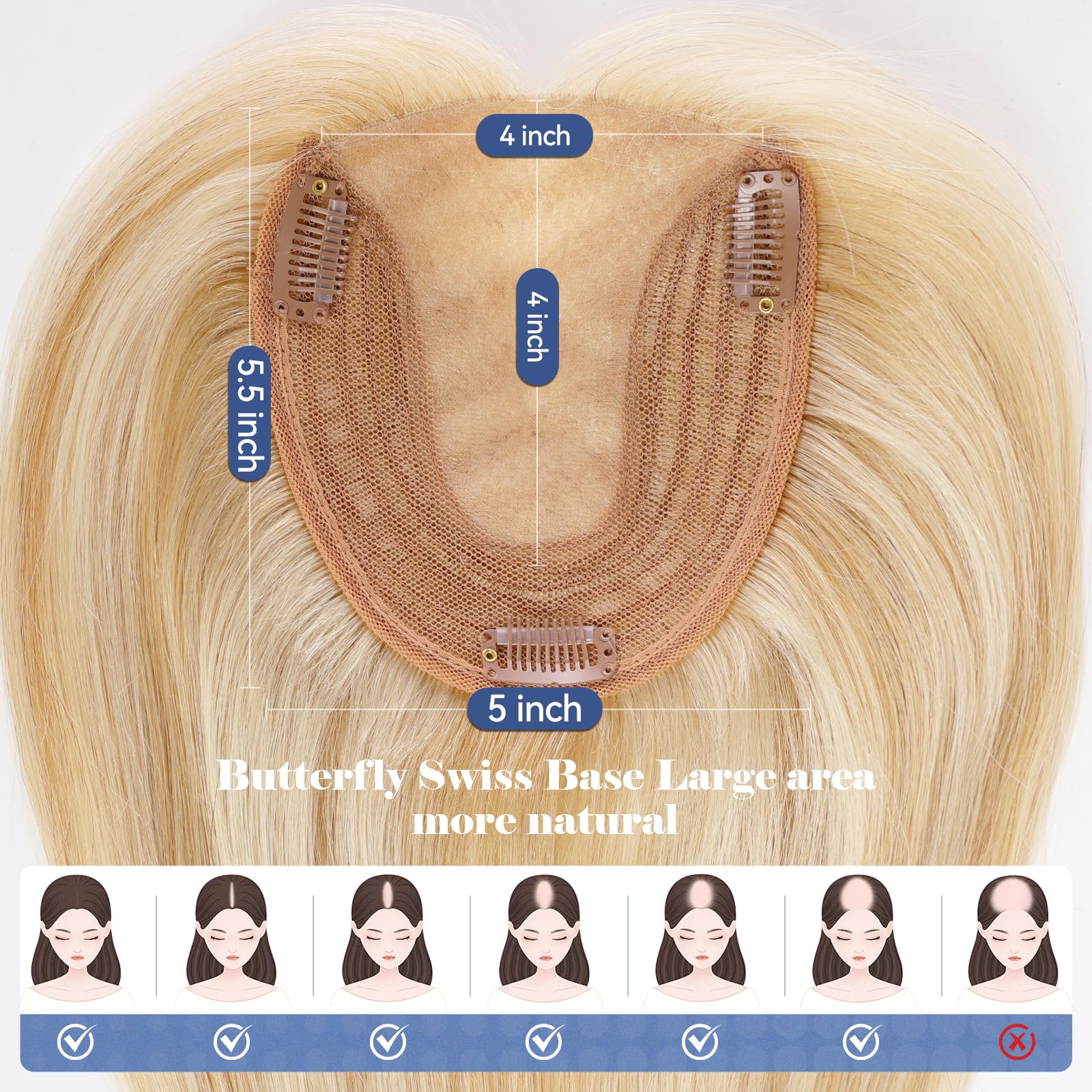 HAIRCUBE Echthaar-Haarteil ohne Pony für Damen，5x5,5 Zoll Basis，14 Zoll Hellblond & Platinblond，zur Deckung von grauen Ansätzen und dünner werdendem Haar