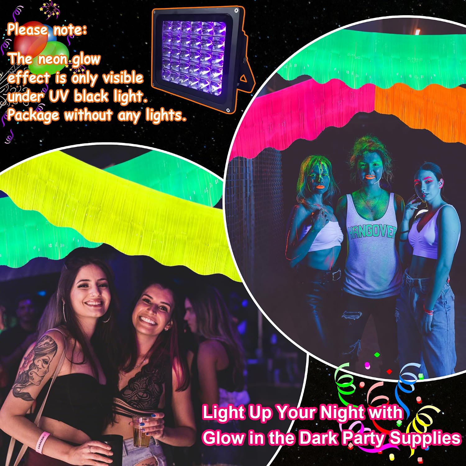 4 Packs 39 Ft Glow in The Dark Party Supplies Fringe Garland, Neon Macaron Parade Float Glow Tinsel Streamers Banner Table Skirts for for Birthday Holiday Neon Party (Green,Fuchsia,Yellow,Orange)