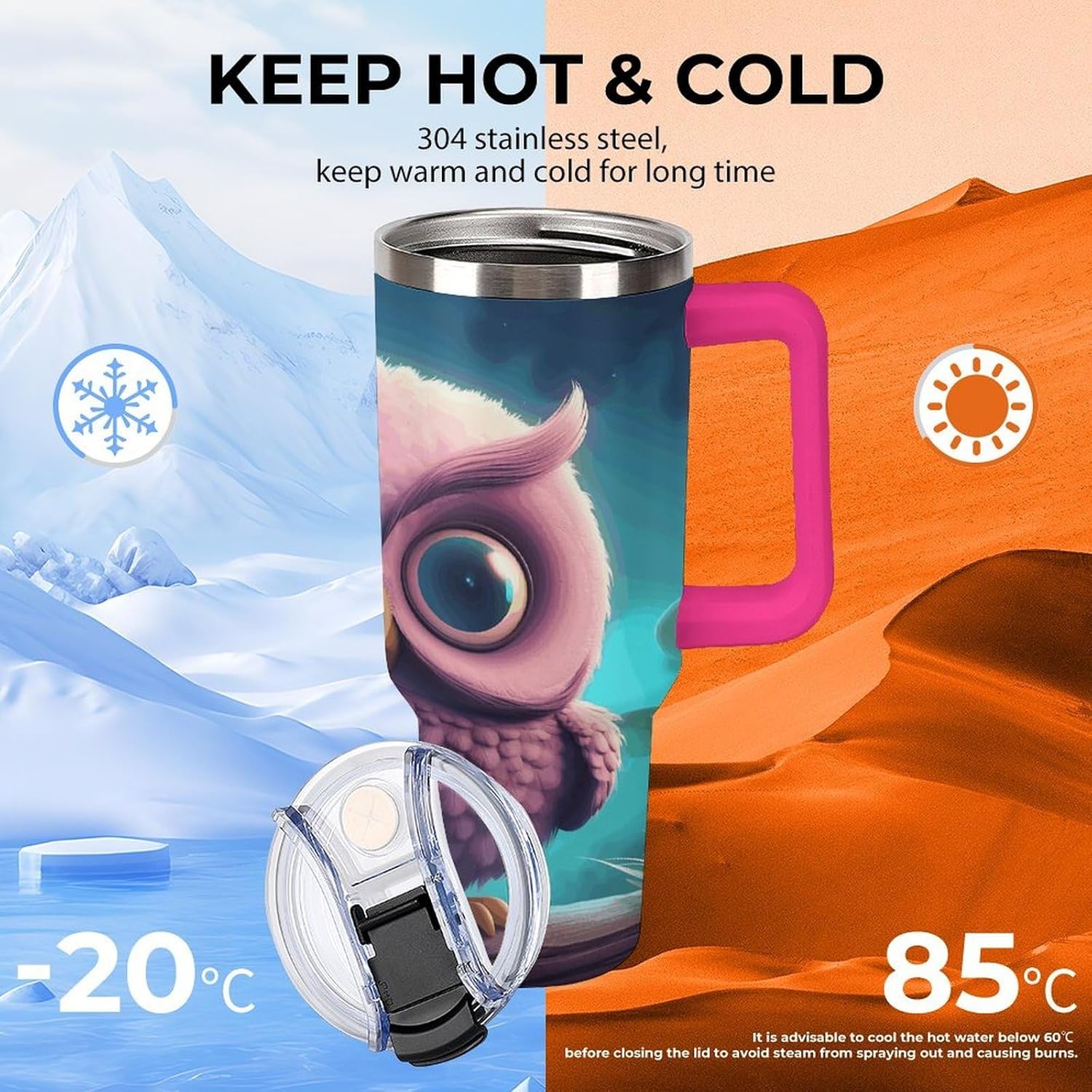 Cute Owl Travel Coffee Mug Reusable Durable Stainless Steel Insulated Tumbler with Handle And Straw Leak Resistant Portable Thermal Cup Gifts for Men Women 40 Oz