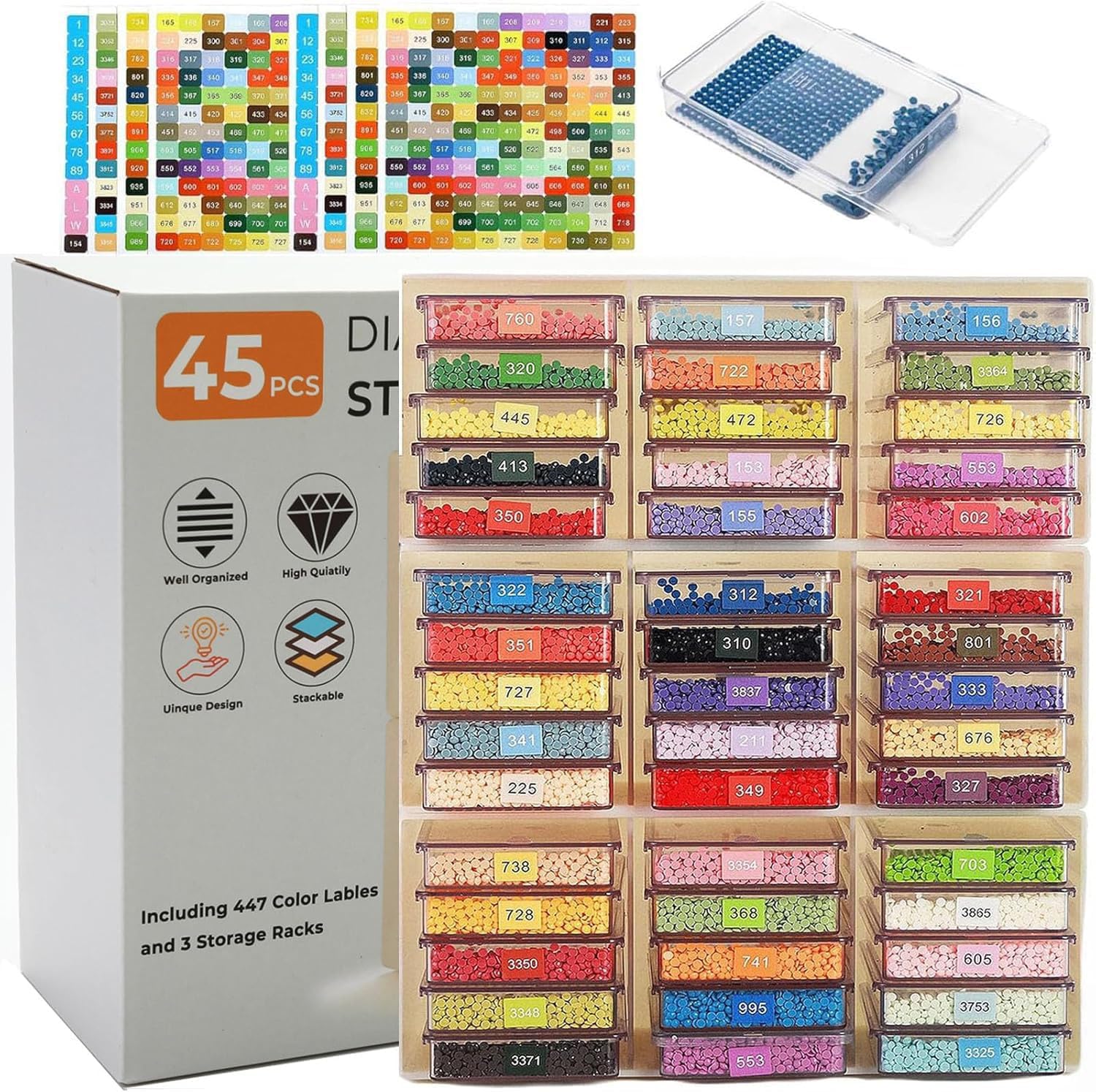 45 Pcs Diamond Storage Containers,Diamond Painting Sliding Trays ,Stackable Diamond Art Trays , 2-in-1 Art Carft Storage Box Set Line-Up for Diamond Accessories ,Bead and Jewelry (Transparent/45Pcs)