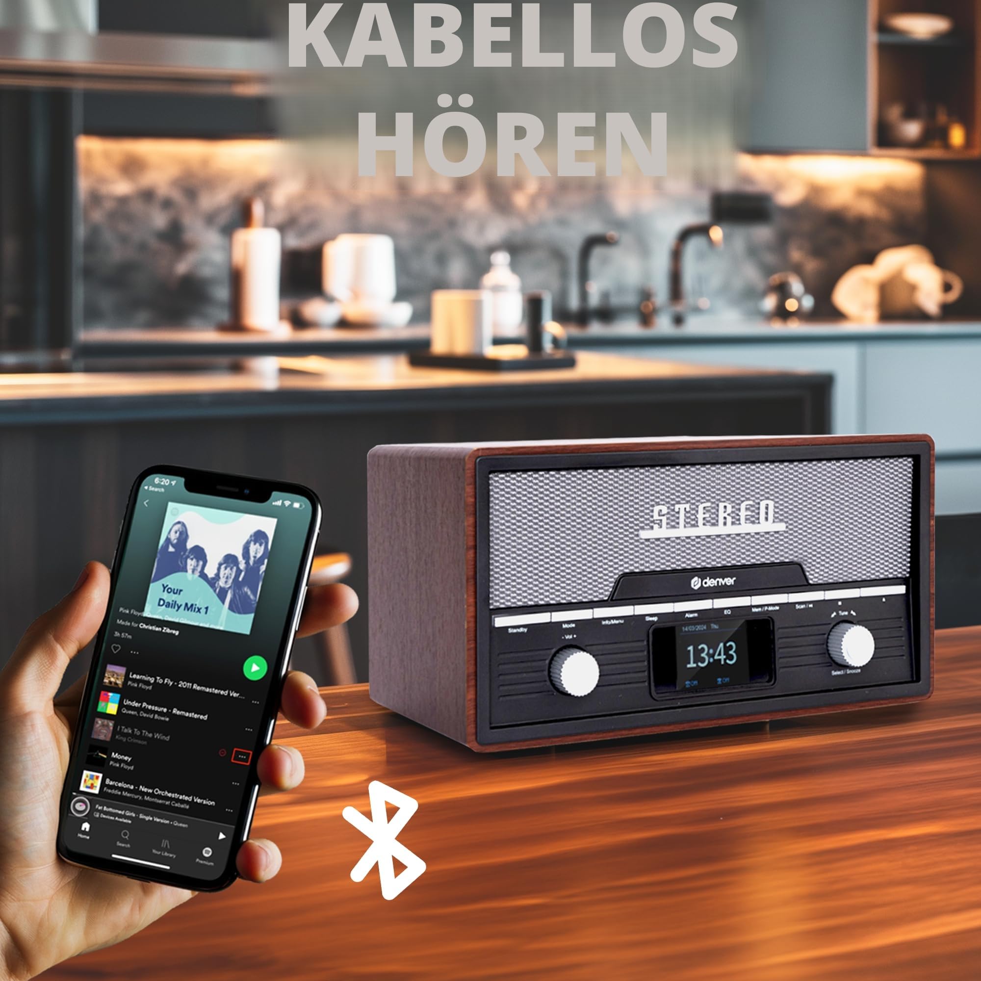 DENVER MDA-525DW Retro Mikro HiFi Anlage - DAB+ & FM Radio - CD-Player - Bluetooth - USB-Anschluss - AUX-Eingang - Weckerfunktion - Kompakte Stereoanlage im Holz Design | All-in-One Holzkonstruktion, 2x50W, Elegantes Retro Design, Für Wohnzimmer, Büro