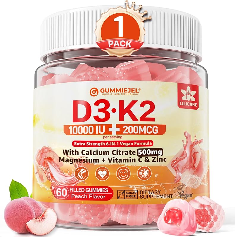 Vitamin D3 K2 Gummies 5000IU / 10,000 IU with 500mg Calcium + K2 (MK-7), Magnesium, Vitamin C & Zinc, For GLP-1 Users, Extra Strength - Ultimate Absorption for Bones, Muscles & Teeth, Vegan, 60Count