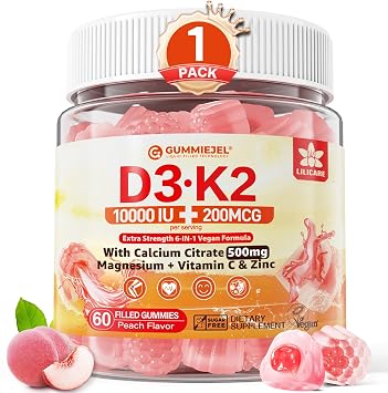 Vitamin D3 K2 Gummies 5000IU / 10,000 IU with 500mg Calcium + K2MK-7 200mcg, Magnesium, Vitamin C & Zinc, Extra Strength - Ultimate Absorbency for Bones, Muscles, Teeth, Vegan, 60 Count Pack of 1