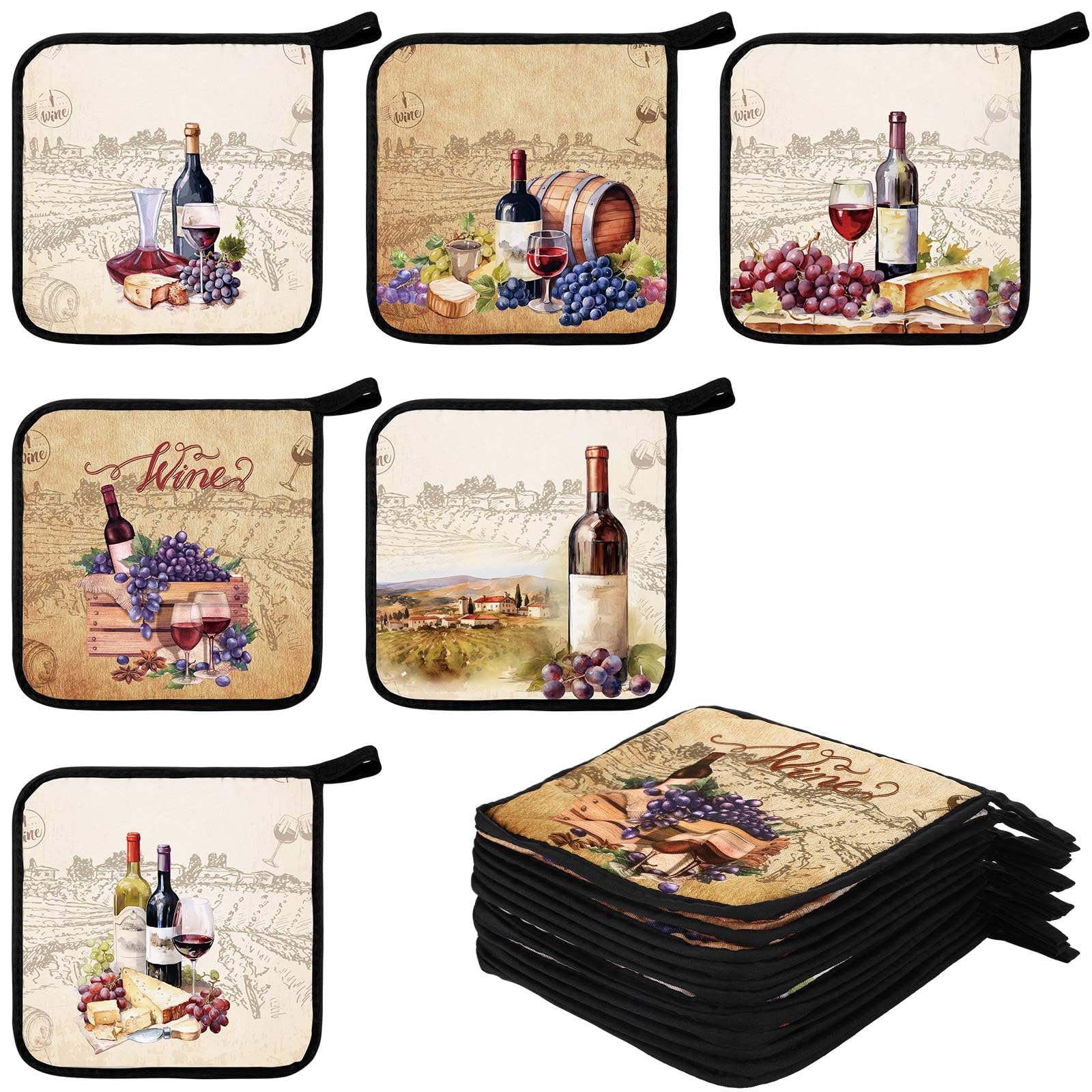 Bencailor 12 Pcs Christmas Pot Holders with Pocket, Wine Glass Bottle