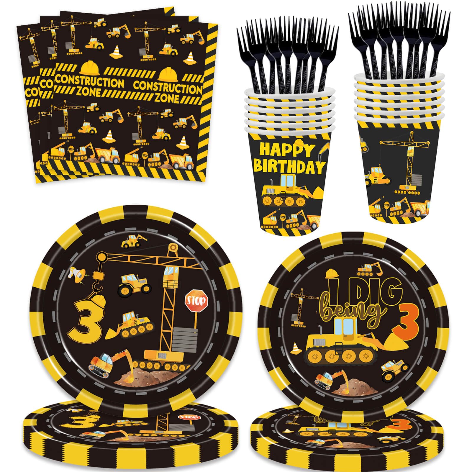 100 Pcs Construction 3rd Birthday Party Supplies Dump Truck Theme Three Decorations Tableware Includes Plates, Cups, Napkins for Boys Construction
