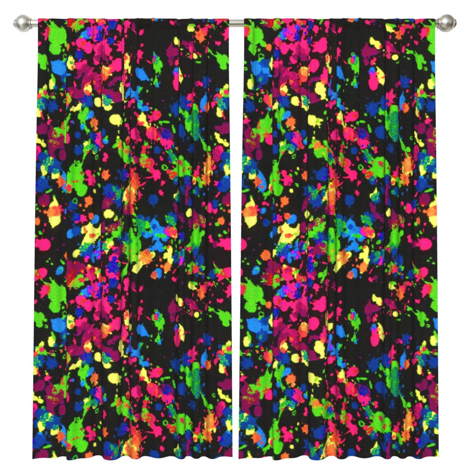 InOmak Rainbow Of Neon Paint Splatters, 2 Panels Window Curtains 52 x 84 Inch Blackout Curtains for Living Room Bedroom