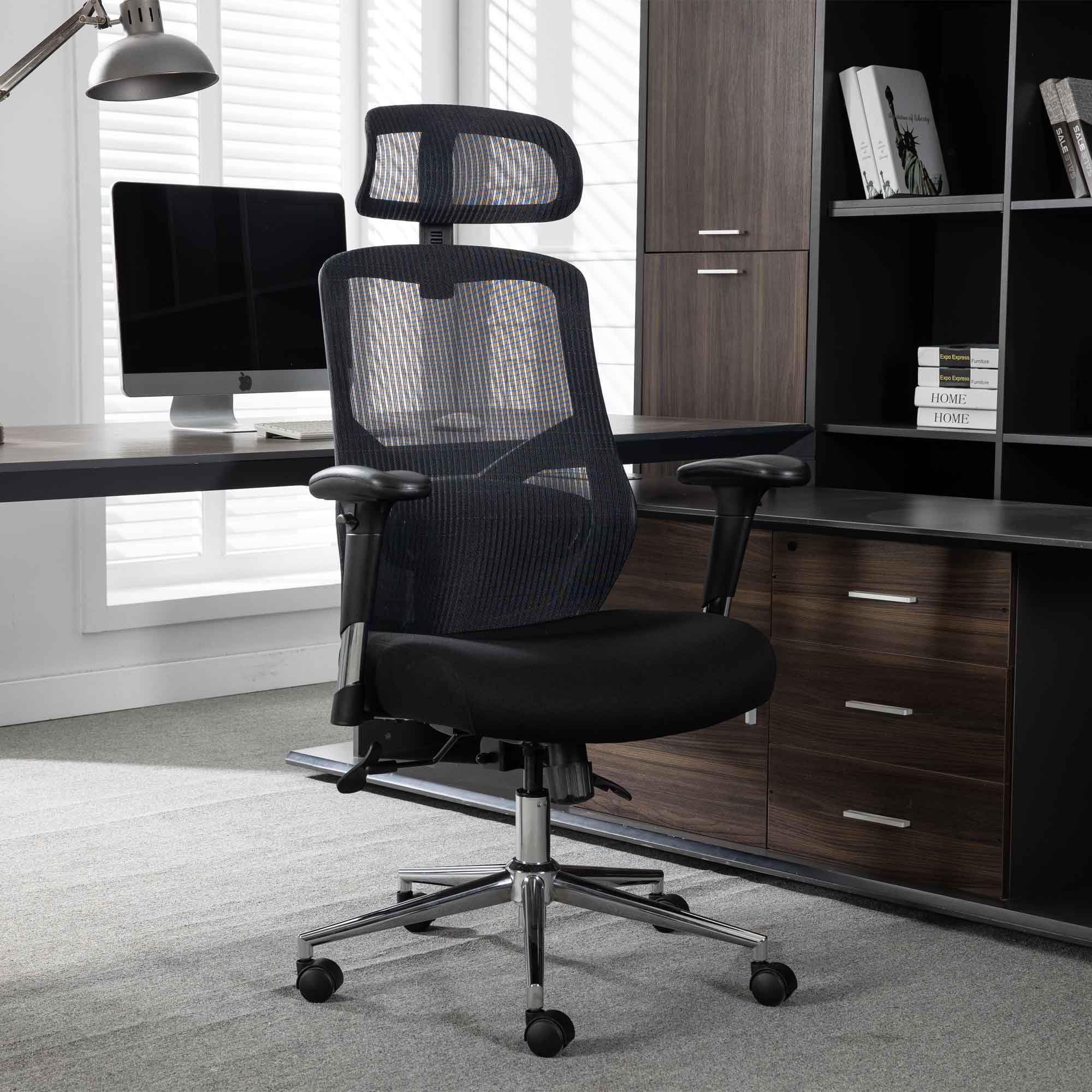 FELICEExecutive Office Desk Chair with Adjustable Headrest - Breathable Mesh High Back Plus Adjustable Lumbar - Thick Seat Cushion with Adjustable Armrest