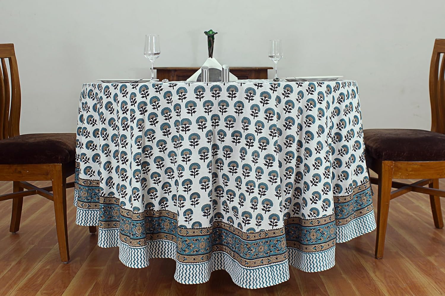 60 Inches Round Hand Block Printed Cotton Tablecloth, Blue Yellow Floral Table Cloths Washable, Indian Table Linen Home Decor Dinning Outdoor - Image 9
