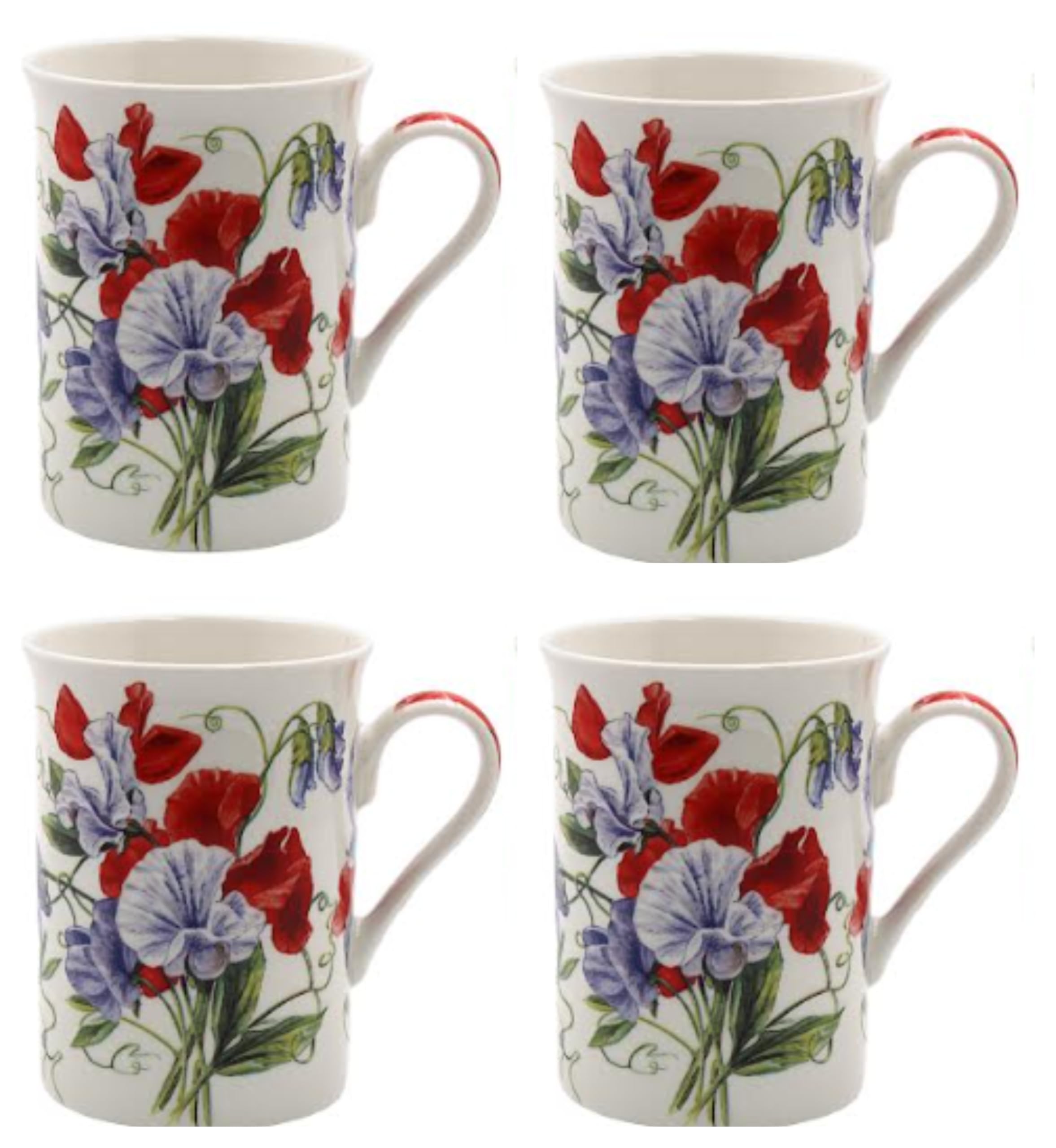 Tamersgifts Fine China Floral Mugs, Set of 4, 300ml Capacity, 10cm Height, Traditional Design, Dishwasher Safe (4 Sweet Pea Coffee Mugs)