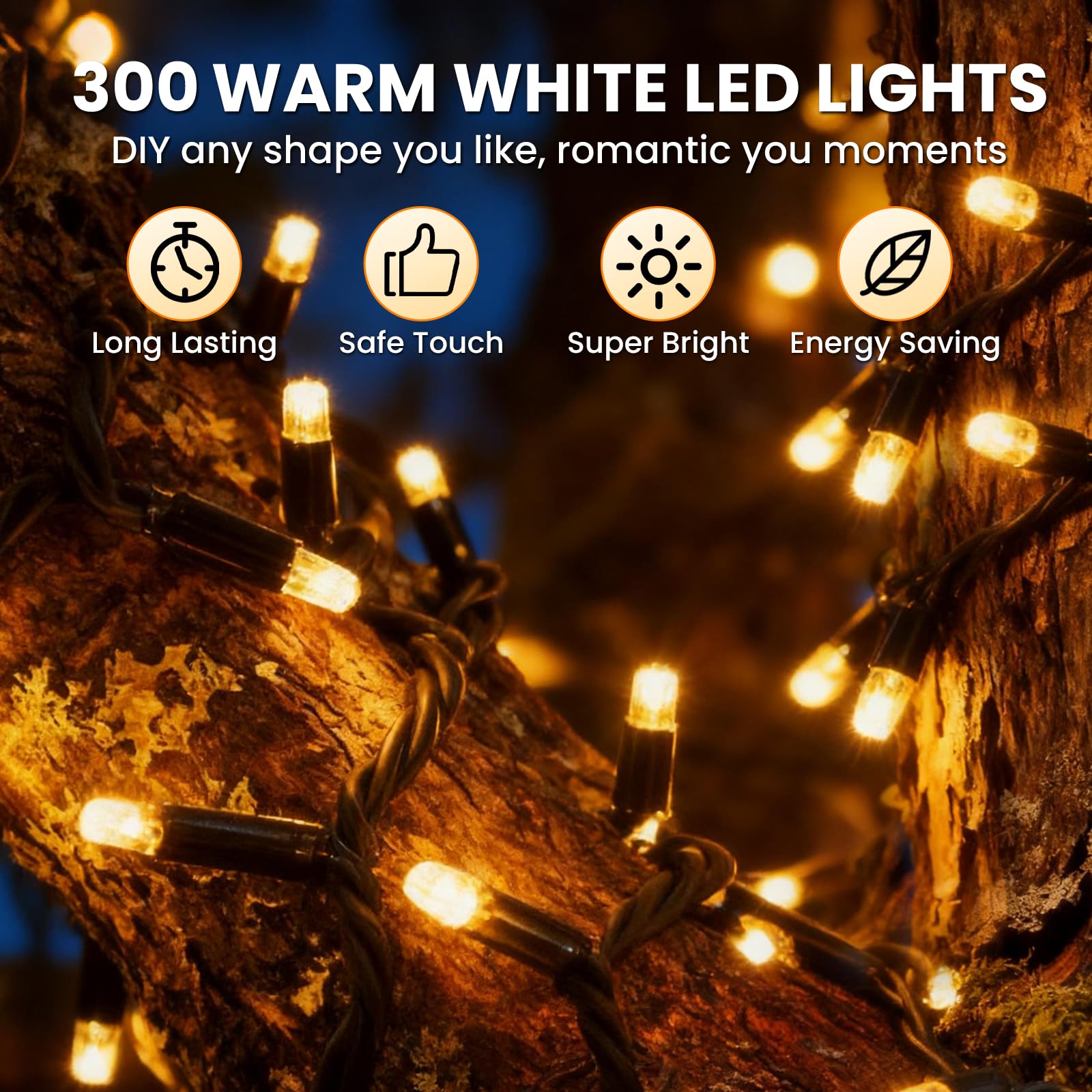 Luces Navidad, Luces Arbol Navidad, 30 Metros, 300 LED, Con Función De Memoria, 8 Modos De Iluminación, Resistente Al Agua, Adecuado Para Decoración Navideña Interior y Exterior (Blanco Cálido)