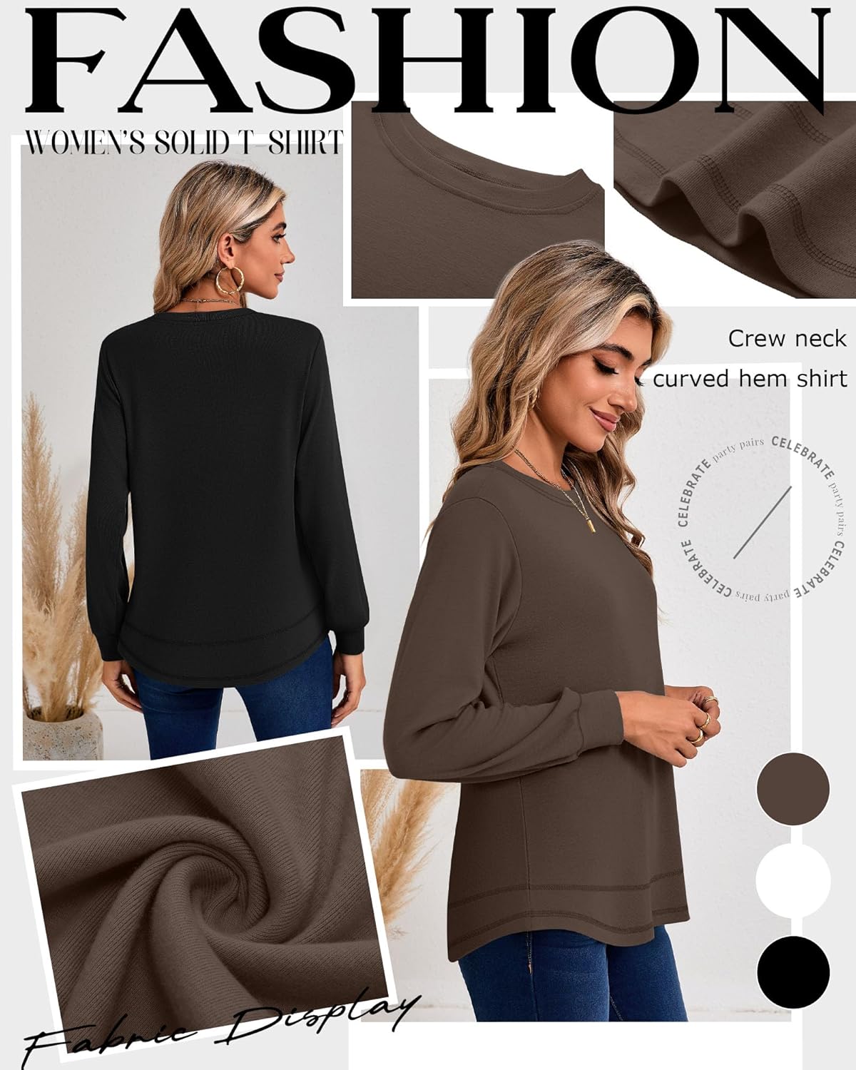 Ficerd 3 Pack Women's Long Sleeve Shirts, Cotton Crew Neck Tunic Tops Casual Loose Fit Pullover Sweatshirts Curved Hem Shirts - Image 4