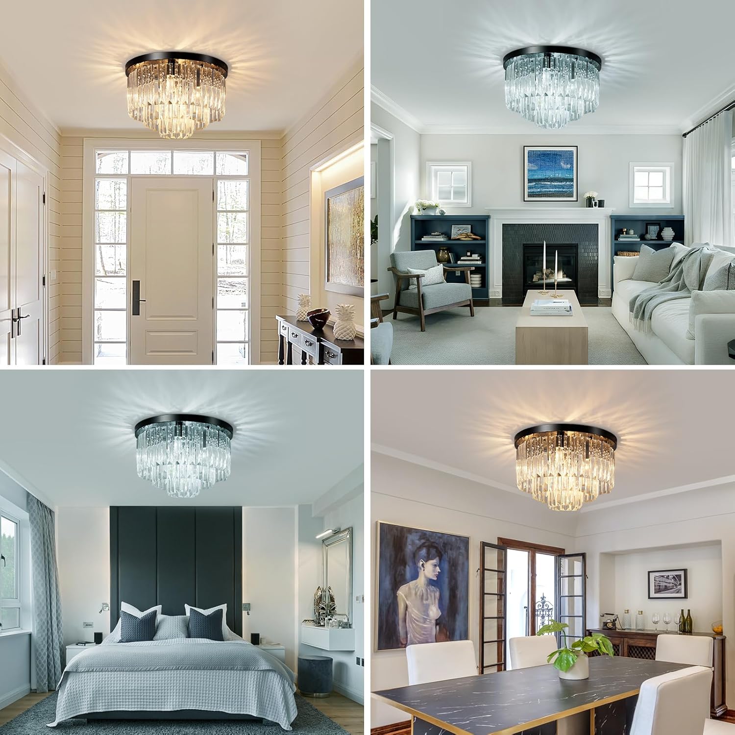 16" Black Crystal Chandelier Ceiling Light, Flush Mount 5-Lights 3-Tier K9 Crystal Round Chandelier Light for Dining Room Kitchen Island Living Room Bedroom