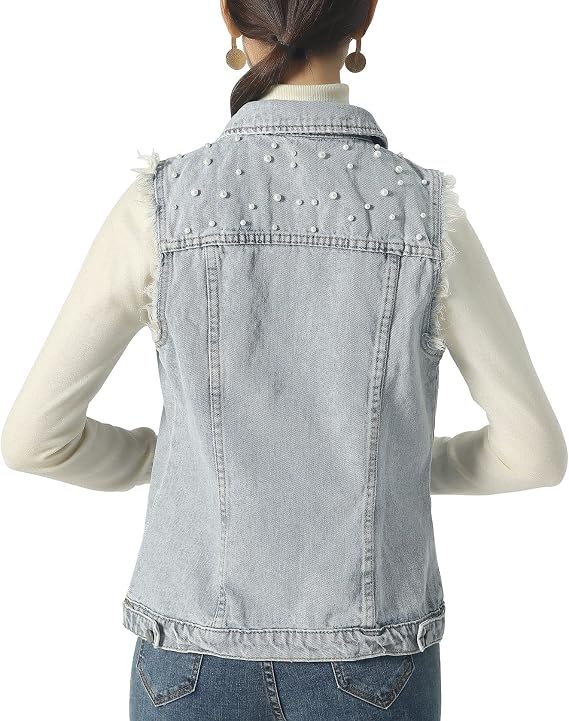 ebossy Women's Candy Color Denim Vest Button Up Sleeveless Slim Jean Jacket