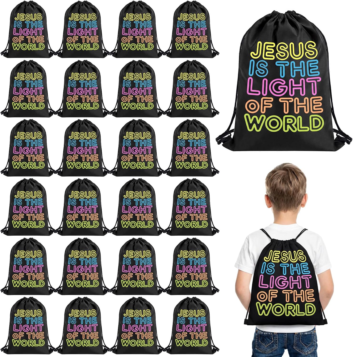 Kacctyen 25 Pack Vbs 2026 Drawstring Backpacks Jesus Is The Light of The World 12x10 in Black Christian Bags Bible Religious Illumination Themed Bag for Church Events Vacation Bible Sunday Supply