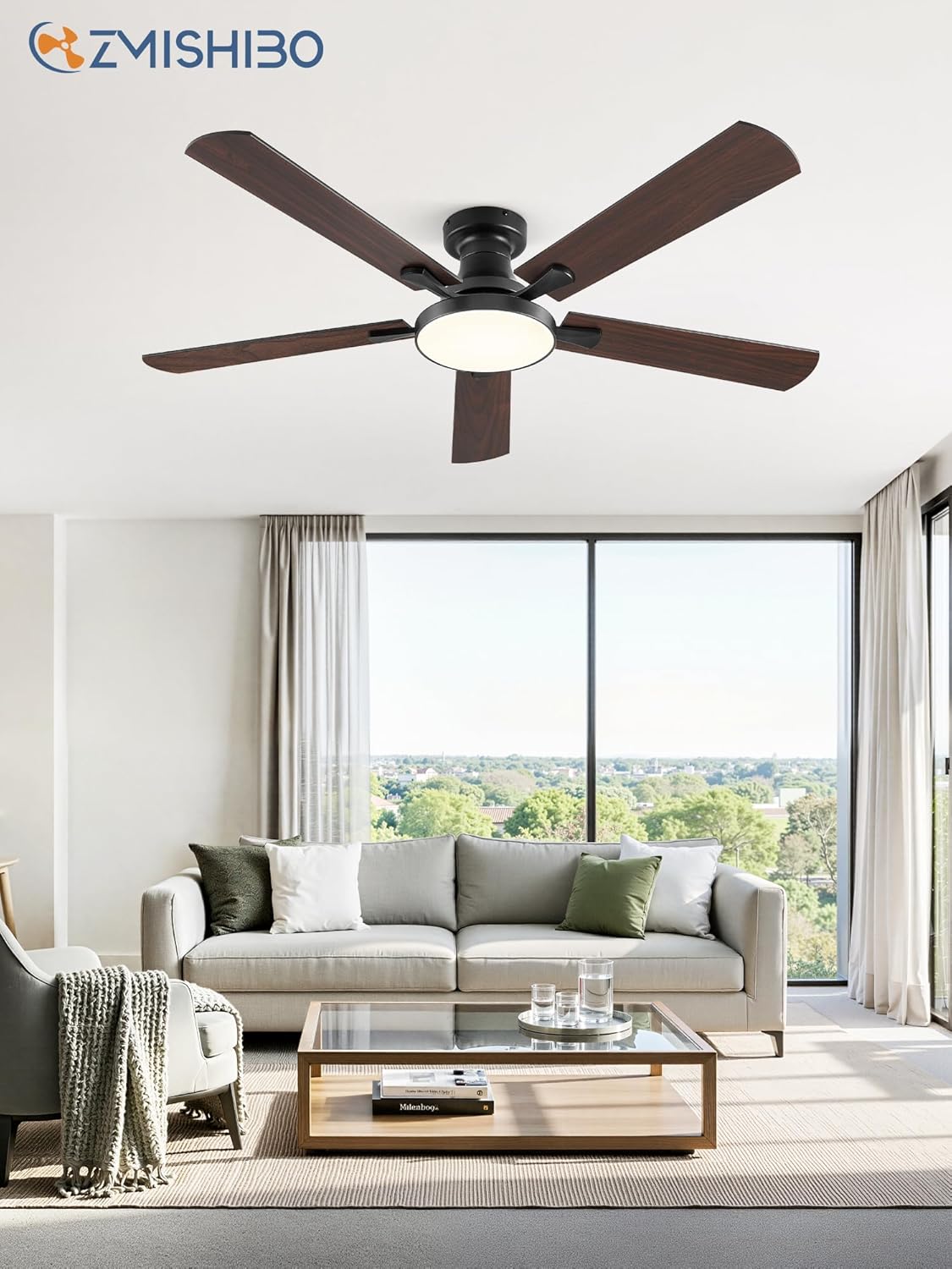 ZMISHIBO 52 Inch Ceiling Fans with Lights, Flush Mount Low Profile Ceiling Fan with 6 Speeds & 3CCT, Smart Remote&APP Control, Dimmable 24W LED Light, Quiet DC Motor for Living Room Bedroom,Black