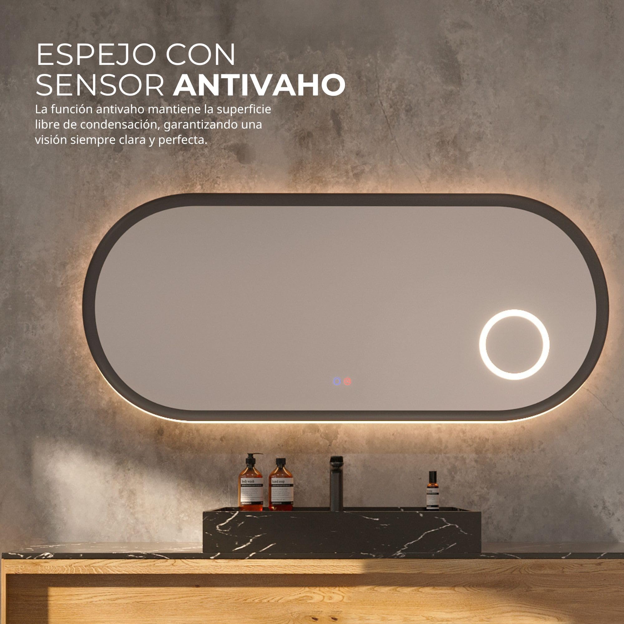 NOLUXA LEDIMEX - Espejo Baño Retroiluminado 120x60cm con Luz LED, Antivaho y x3 de Aumento | Espejo Inteligente Ovalado con Luz Triled (Cálida, Neutra y Fría) | Serie Rimini | Color Moka