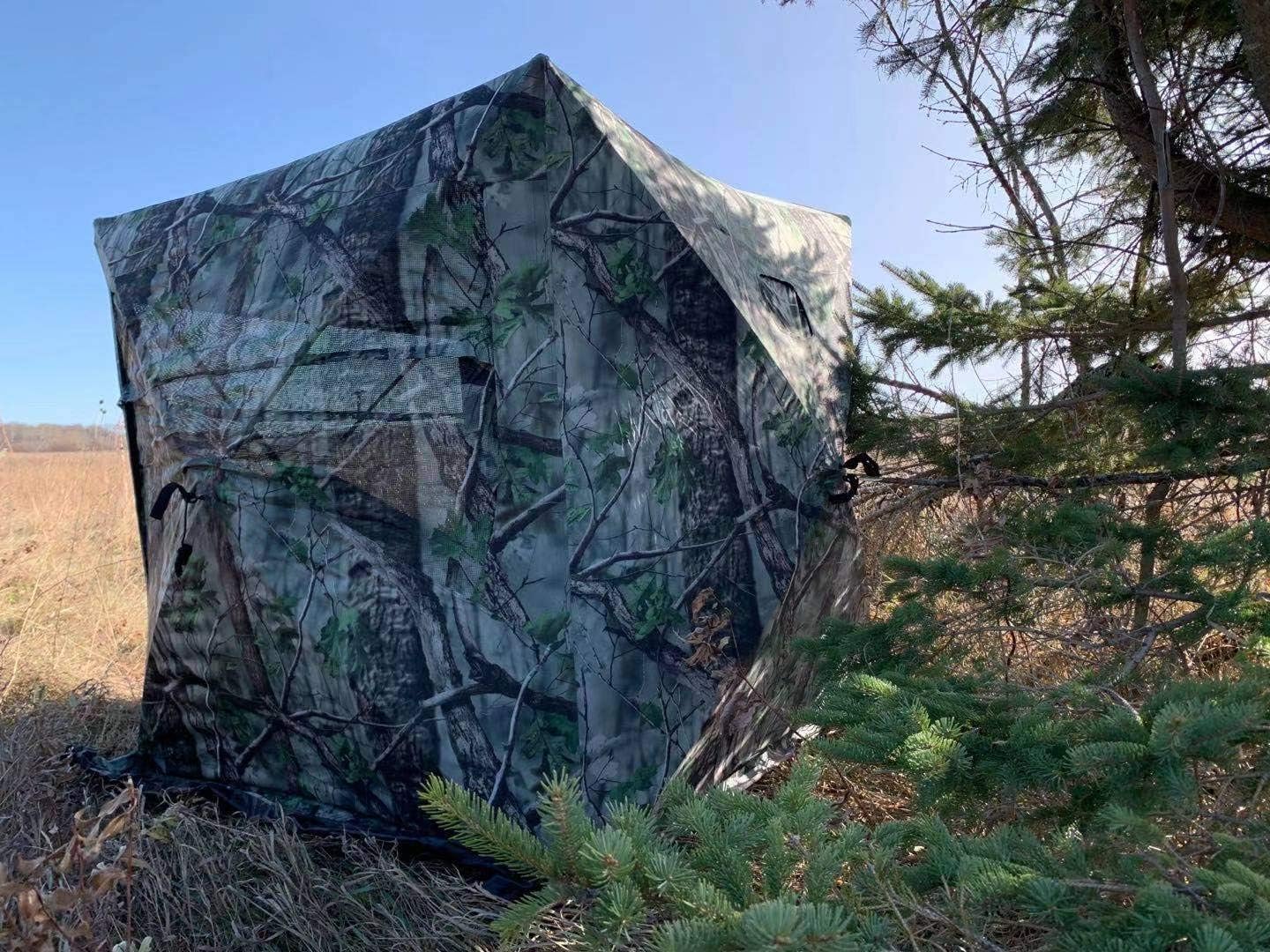 THUNDERBAY Run & Gun See Through Hunting Blind Combo with 2 Chairs, 3 Person Pop Up Ground Blinds 180 Degree, 300D Durable Hunting Tent for Deer & Turkey Hunting (Camouflage), Floor Space 58" x 58"