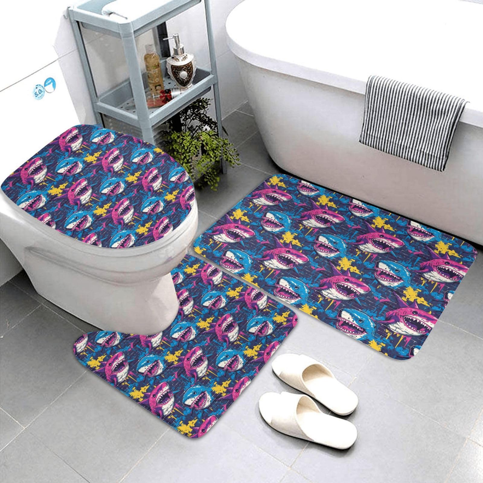 Tapis de douche antidérapant et lavable lot de 3 pièces imprimé requin