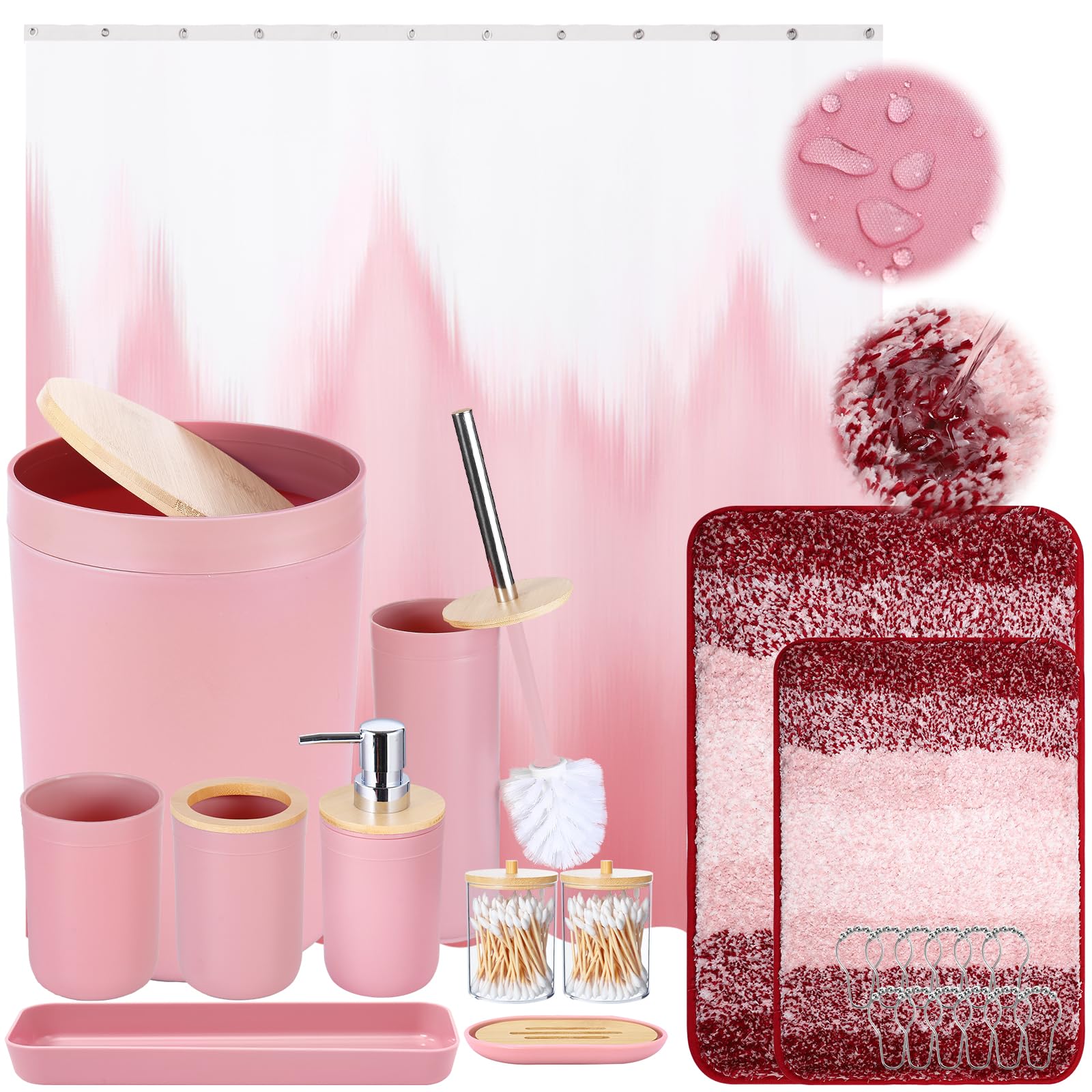 iMucci Bathroom Accessories Pink Bathroom Sets with Shower Curtain and Rug, Pink Ombre Waterproof Misty Forest Shower Curtain with Ultra Absorbent Rug Bathroom Accessories Set for Home Decor