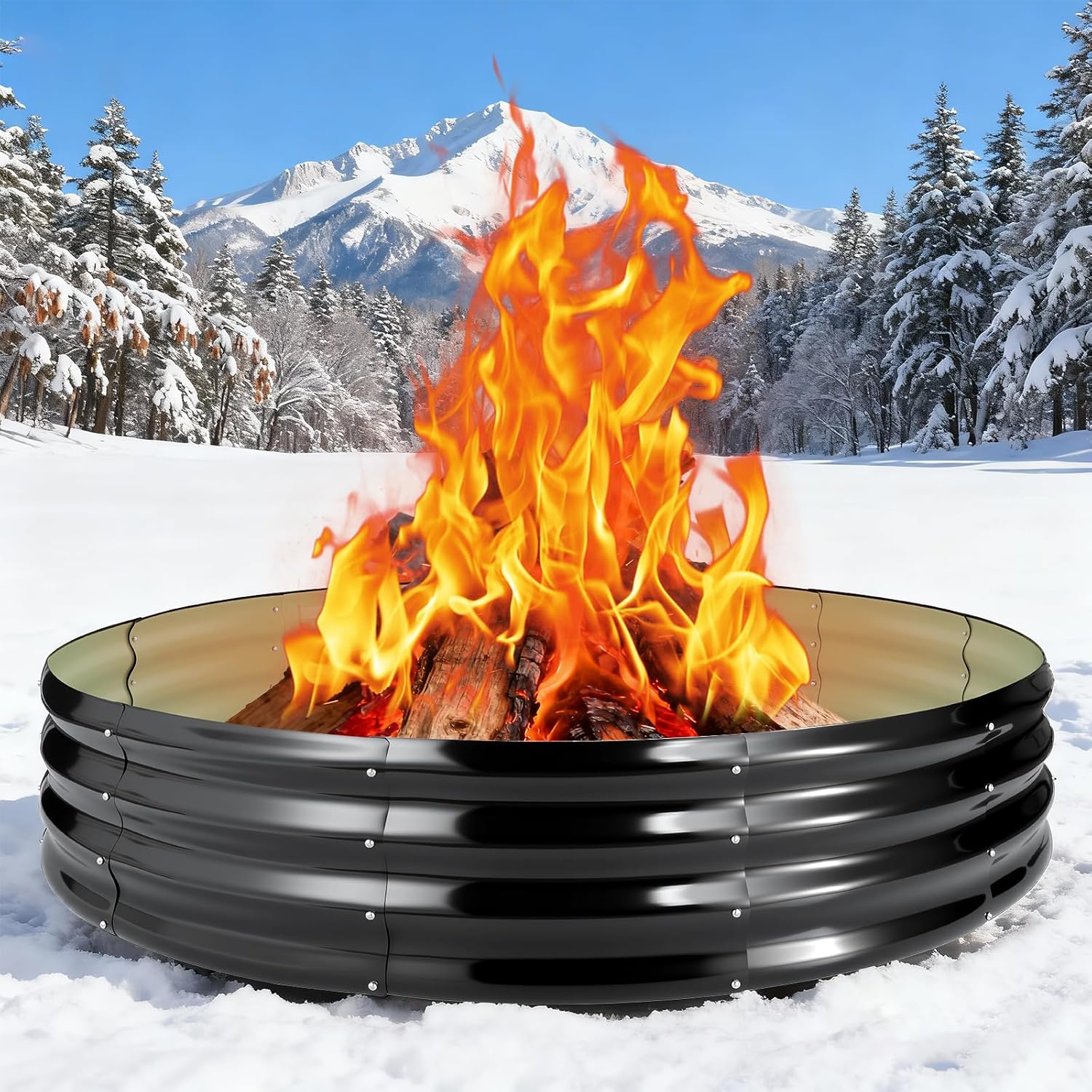 60 Inch Large Round Fire Ring Pit, Outdoor Bonfire Rings for Wood Burning, Galvanized Steel Fire Pit Portable for Backyard, Camping, Patio, Beach (5×5×1 FT, Black)