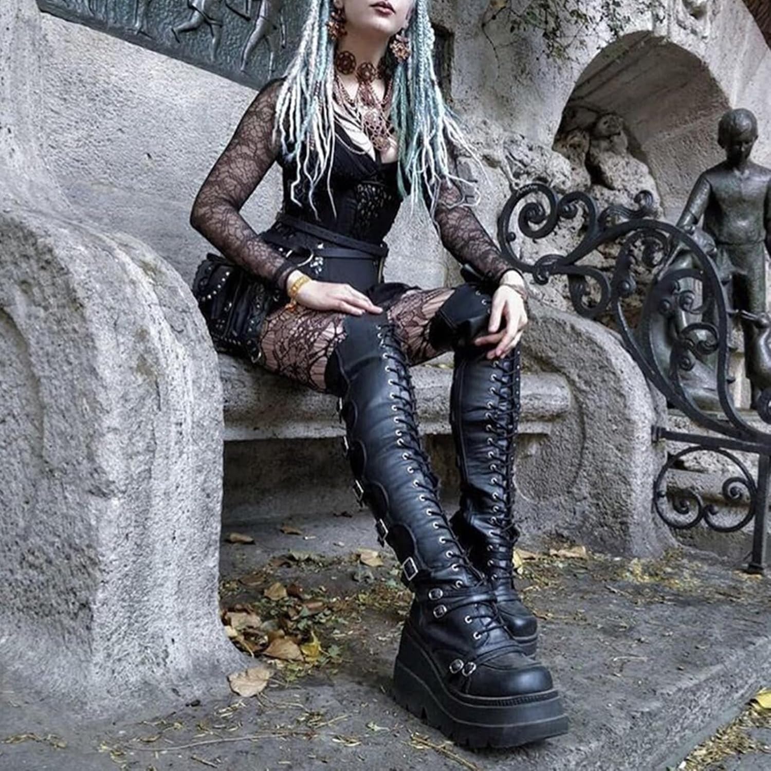 Womens High Platform Punk Boots Side Zipper Wedges Combat Booties Lace-up Black Goth Over The Knee Boots for Women