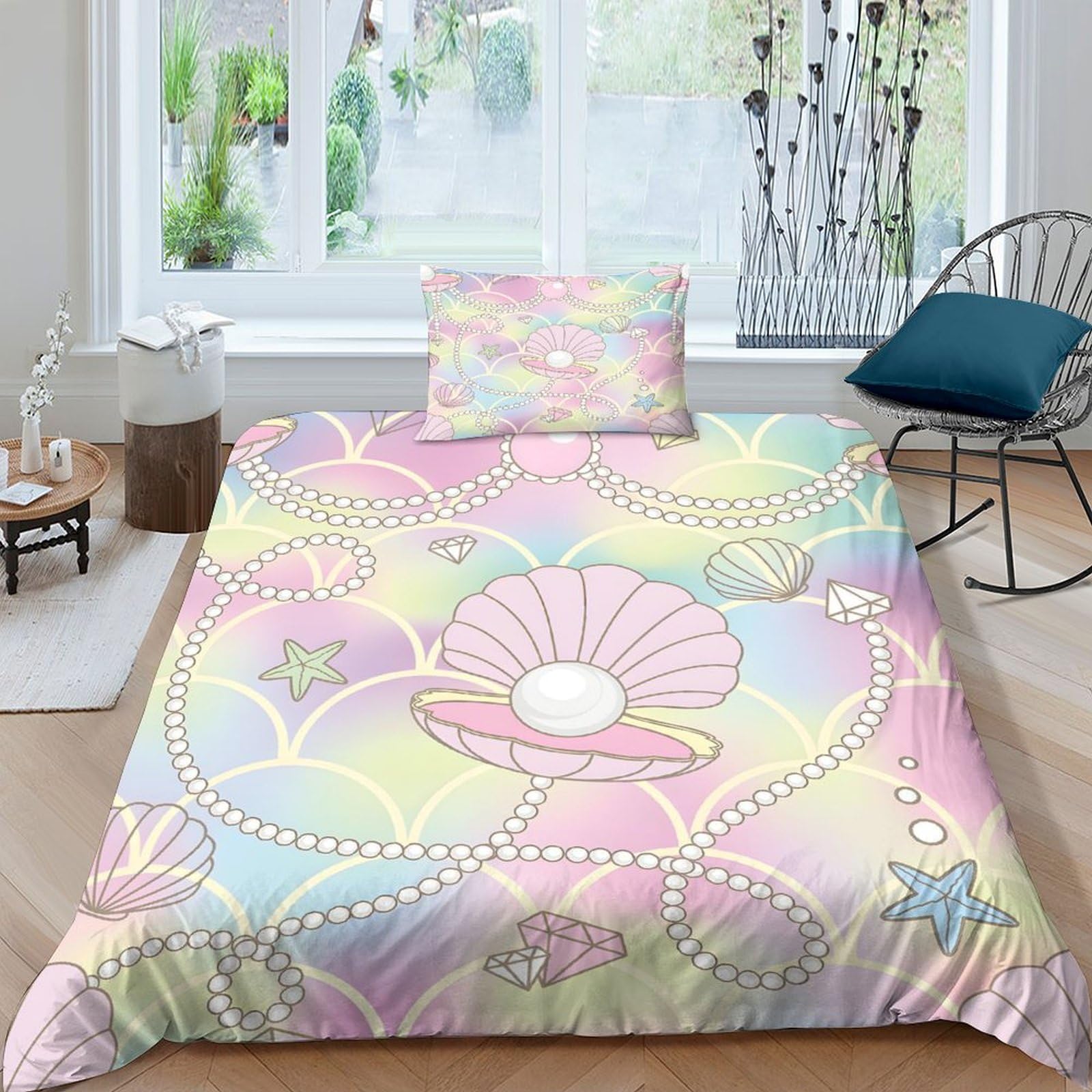 GDEKCIEAS Beautiful Pearl Shell Deco Bedding Set for Teens,2Pcs Ultra Soft Duvet Cover,Lightweight Quilt Cover for Kids,Adults,Decor,Breathable,Zipper,Boys Girls Decor Single（135x200cm）