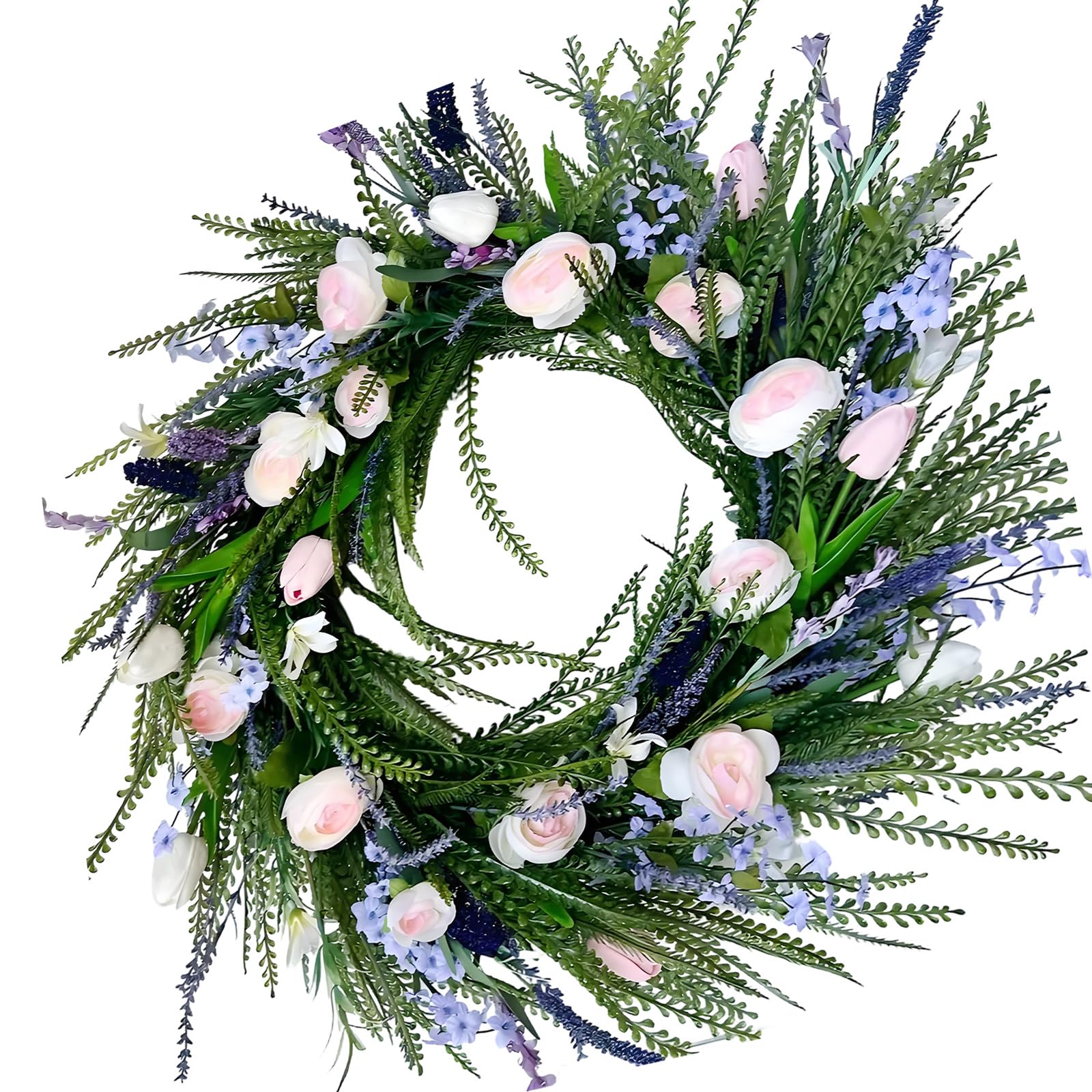 Nucelit Artificial Spring Wreath 45x45cm Realistic Simulation Flower Wreath with Leaves for Door Easter Mother ’ s Day Decoration Spring Home Deck