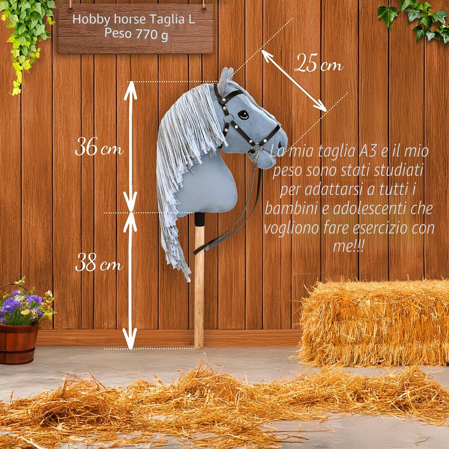 Hobby Horse Grigio A3, cavallo bastone completo di rete, morso, redini e cuffia anti-insetti blu. Testa di cavallo bastone per Hobby Horsing bambini e adolescenti