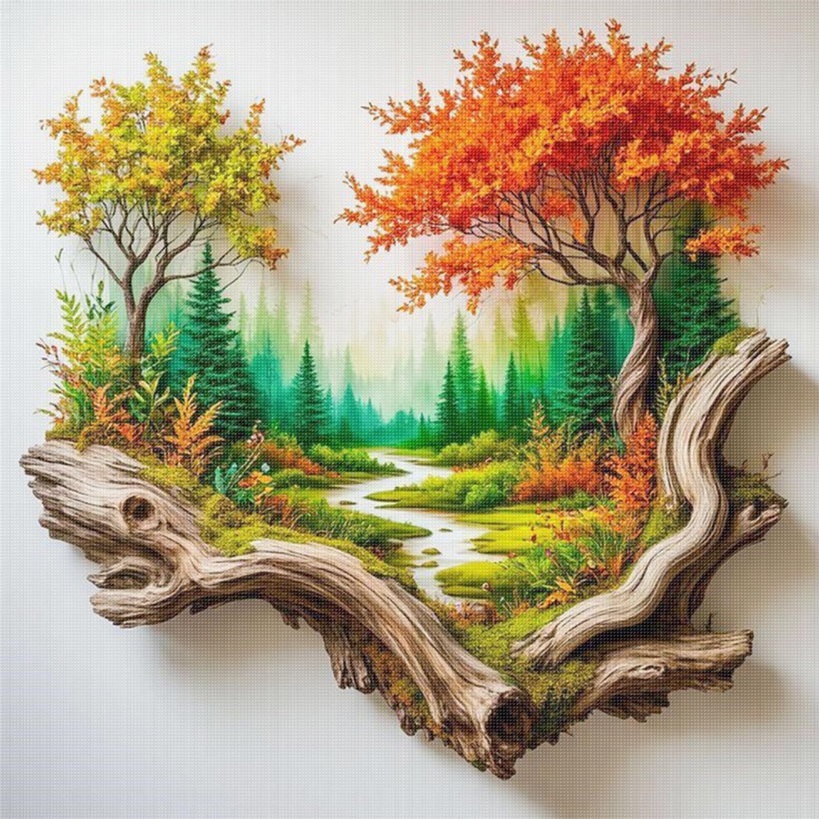 Driftwood Valley Landscape Stamped Cross Stitch Kits For Beginners, Full 11Ct 3 Strands Diy