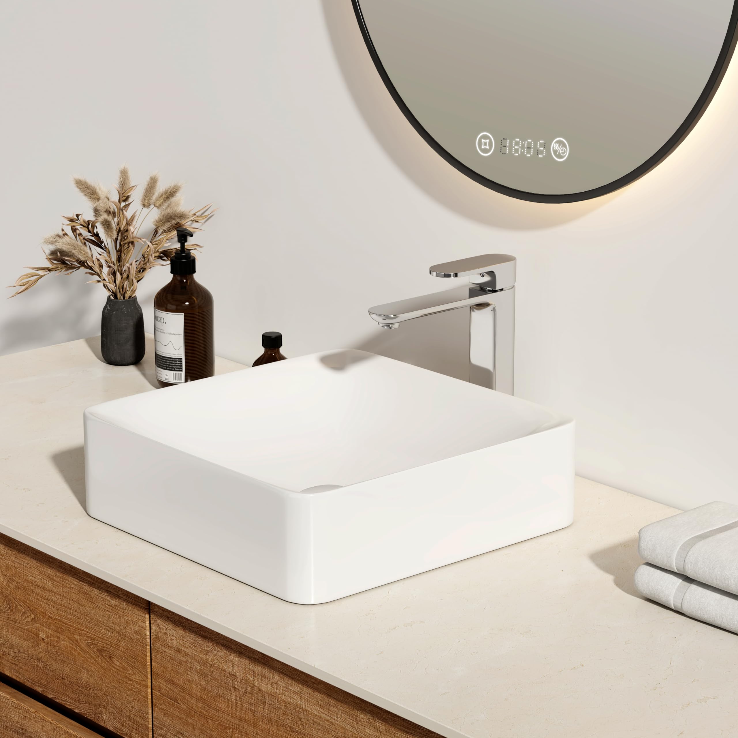 EMKE Lavabo de encimera, 40 x 40 x 12 cm, pequeño lavabo para invitados, lavabo de baño, lavabo de cerámica, lavabo cuadrado, color blanco