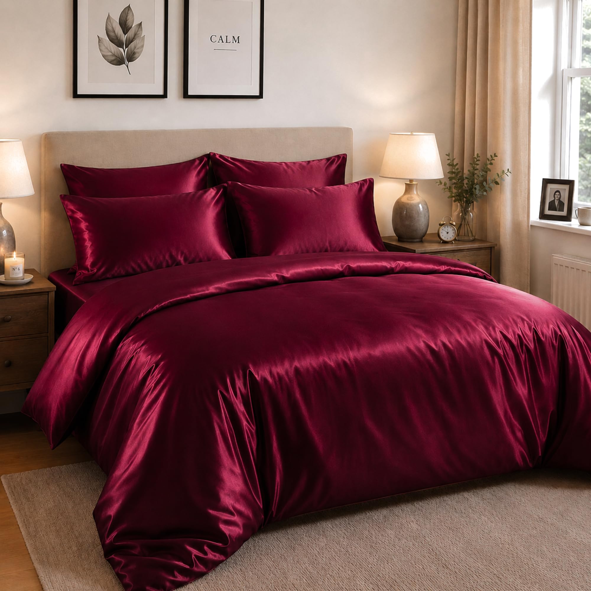 BOSKI LONDON Luxury 6 Piece Satin Silk Bedding Set | Duvet Cover, Deep Fitted Sheet & Pillowcases | Soft Silky Bedding Set Single Double King & Super king Sizes (BURGUNDY, DOUBLE)