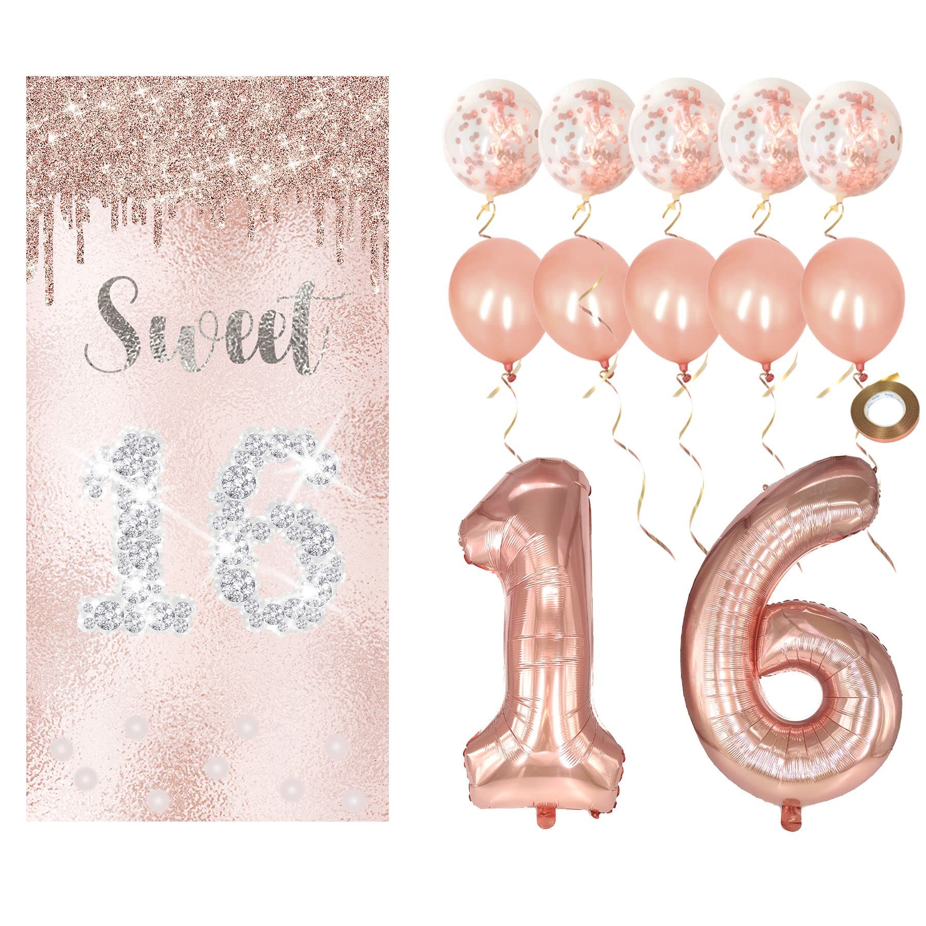Joyiou Sweet 16 Birthday Decorations for Girls, Pink Rose Gold 16th Birthday Gift Door Banner & Giant Number 16 Balloons for Girls, Sweet Sixteen