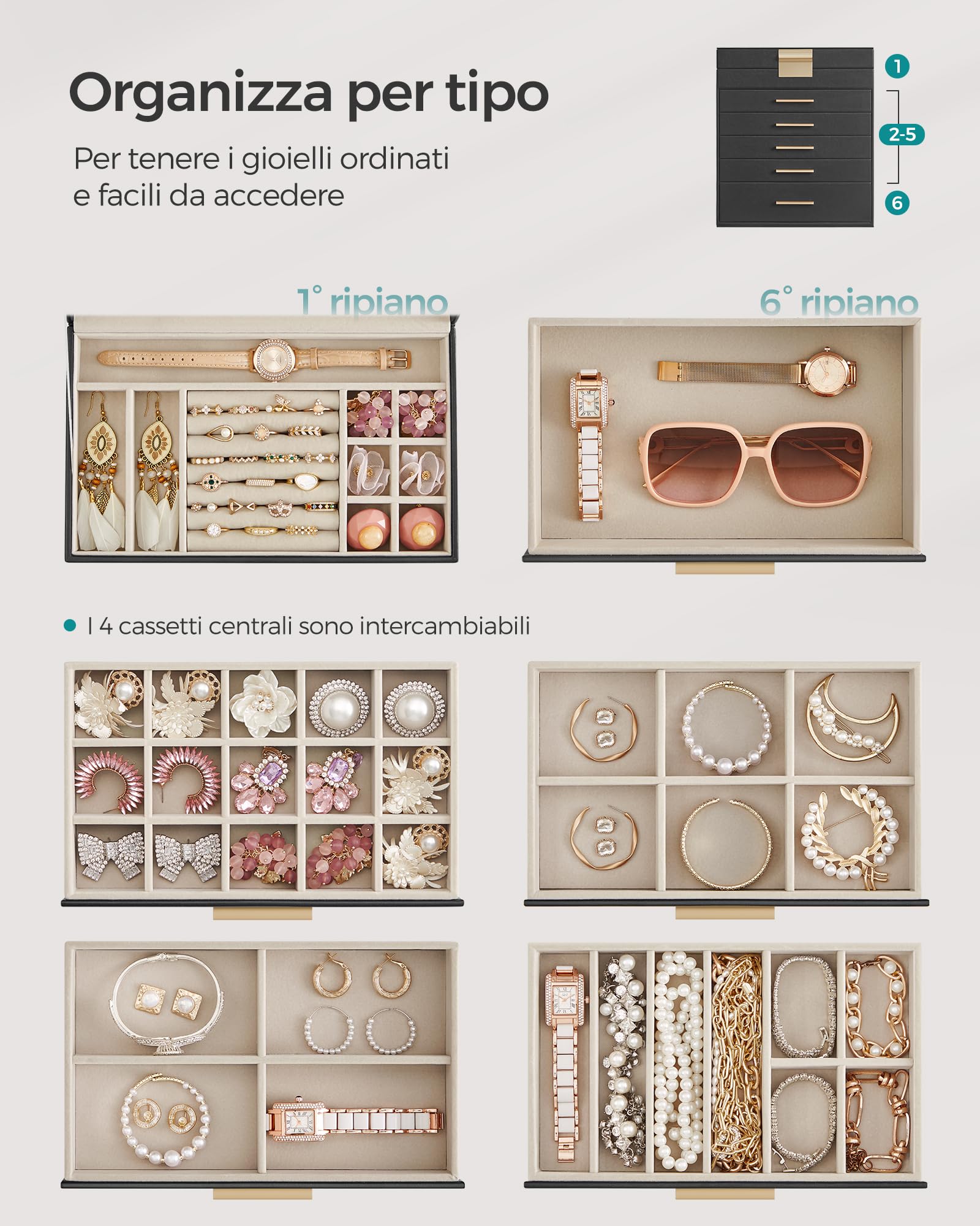 SONGMICS Scatola Portagioie, 6 Livelli, Coperchio in Vetro, 5 Cassetti, Porta Gioielli, Occhiali da Sole e Accessori Grandi, Moderno, Nero Grafite e Dorato JBC171B01