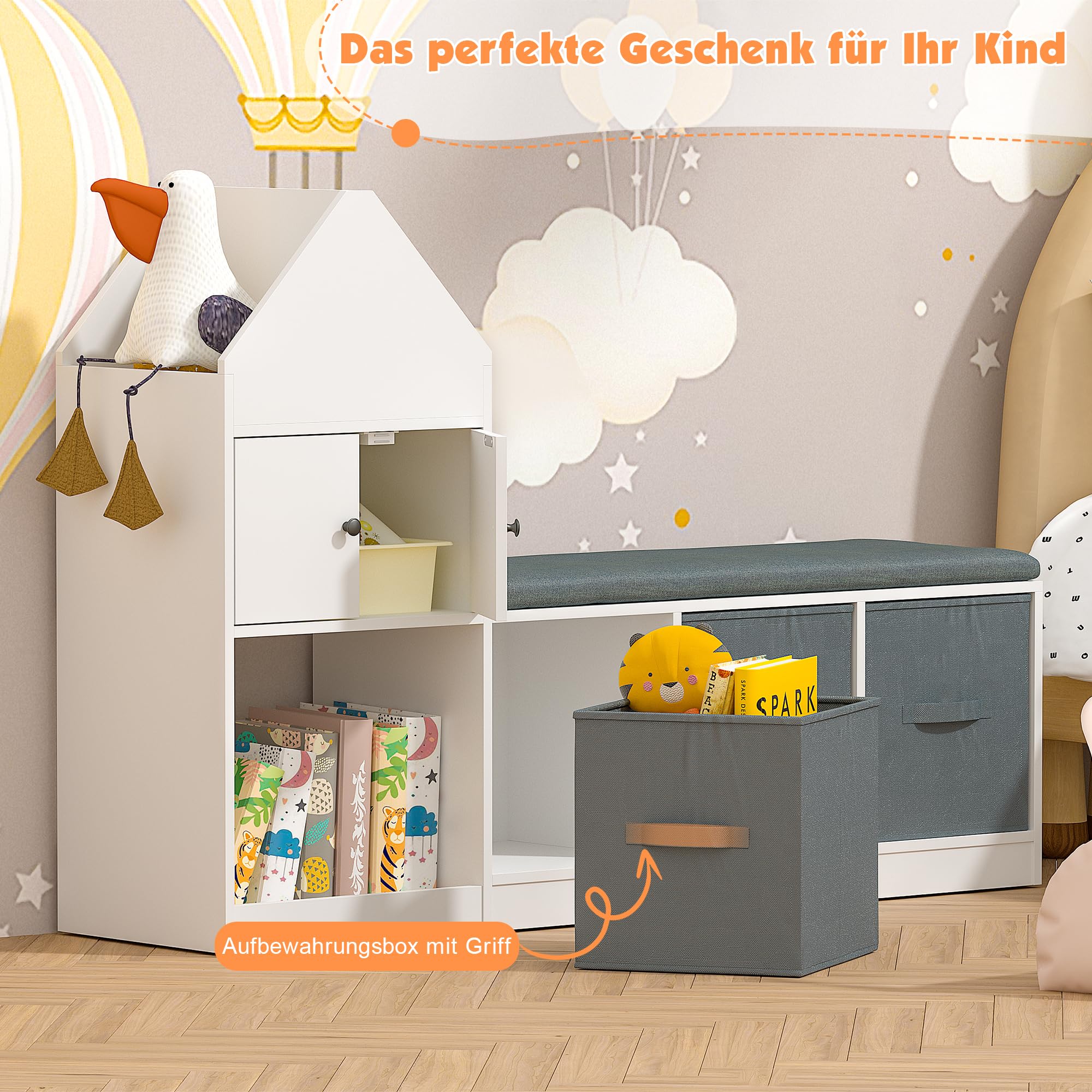 KEEPREAPER Kinderregal mit Kissen, Kinder Sitzbank mit 3 Aufbewahrungsboxen & 3 Fächer, Kinder Bücherregal, Spielzeugregal aus Holz, Aufbewahrungsregal für Kinderzimmer, 116x30x80cm, Weiß und Grau
