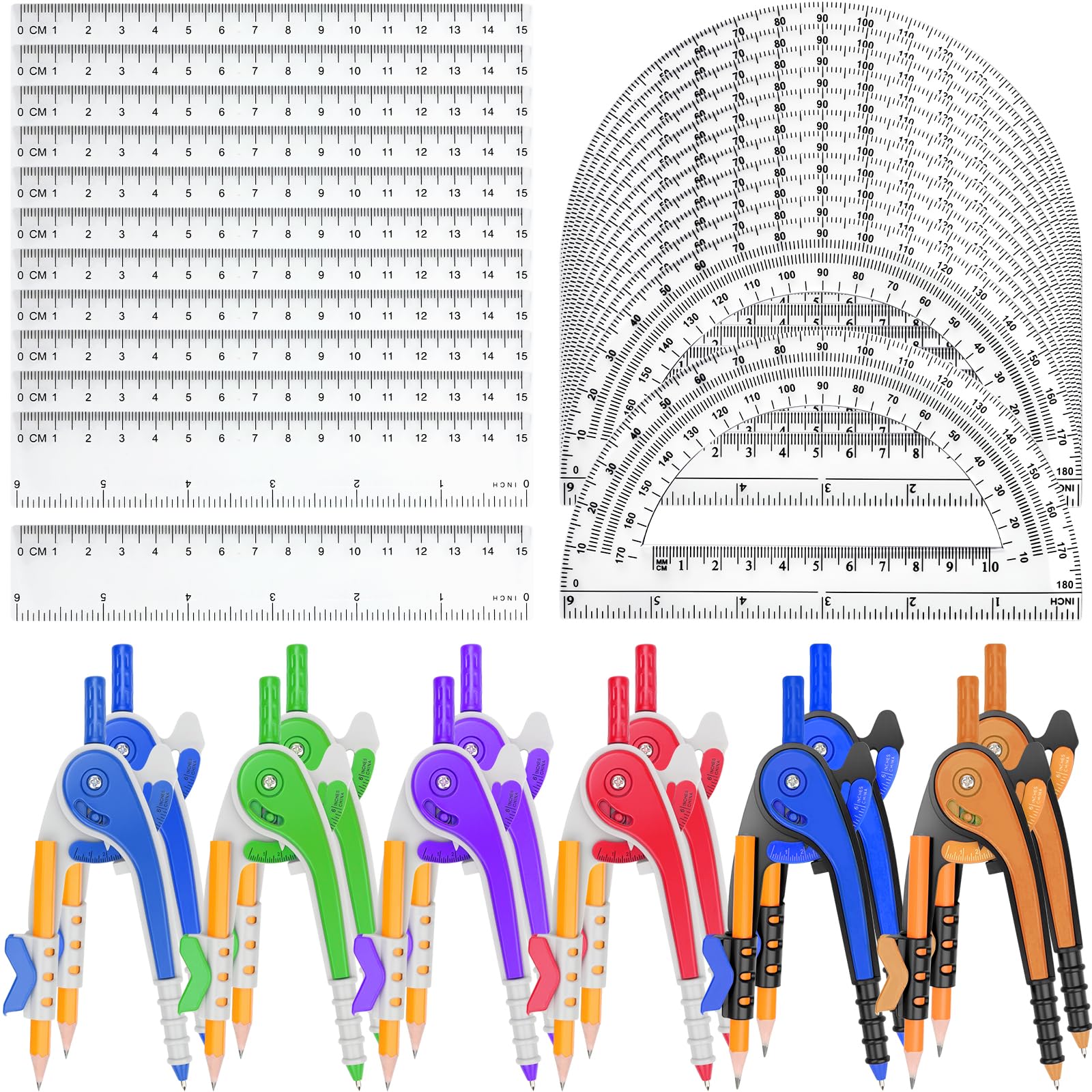 Mathematik-Kompass und Winkelmesser, Geometrie, Mathematik, Kunststoff, Lineal-Set, Zeichenkompass mit Bleistiften, 15,2 cm, Kunststoff-Winkelmesser für Geometrie, Masse, für Klassenzimmer