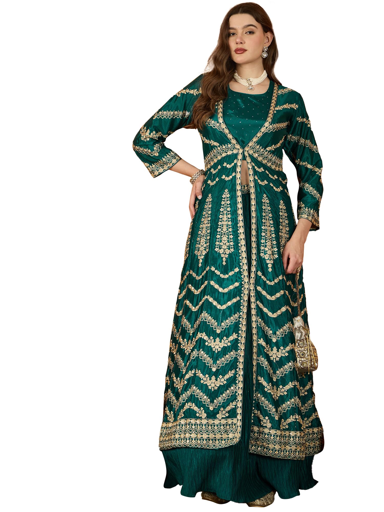 miss ethnik Women's Green Chinon Stitched Top With Stitched Bottom Full Sleeve Embellished Choli with Jacket (Lehenga Choli With Jacket) (MEY-1196)-picture-33
