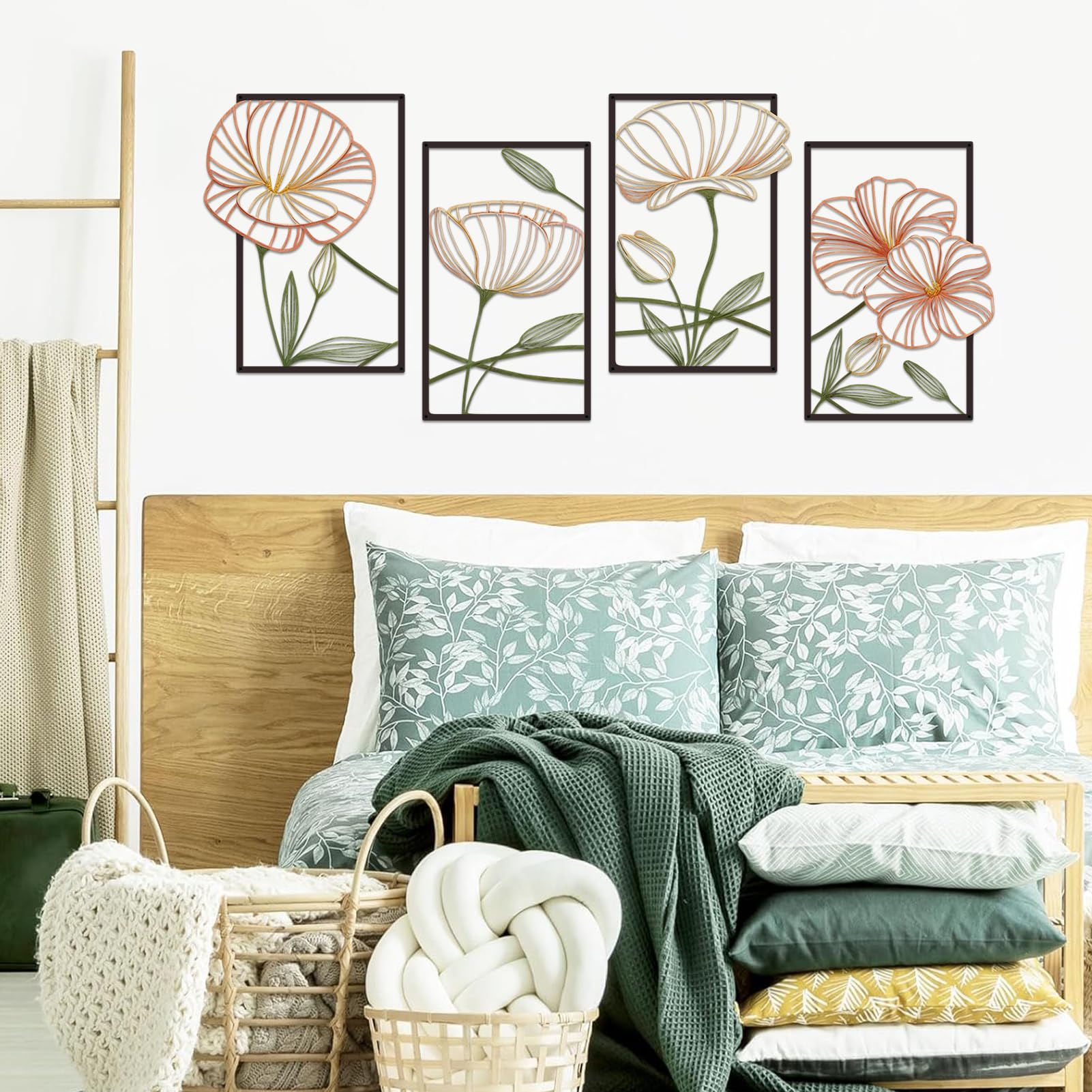 ESTART Dekor 4 Stück Metall Lotusblume Wanddekoration, Abstrakte Blumen Ästhetische Spleißlinie Kunst, Minimalistische Hängende Wandskulptur für Wohnzimmer Schlafzimmer Büro und Yogazimmer (Bunt)