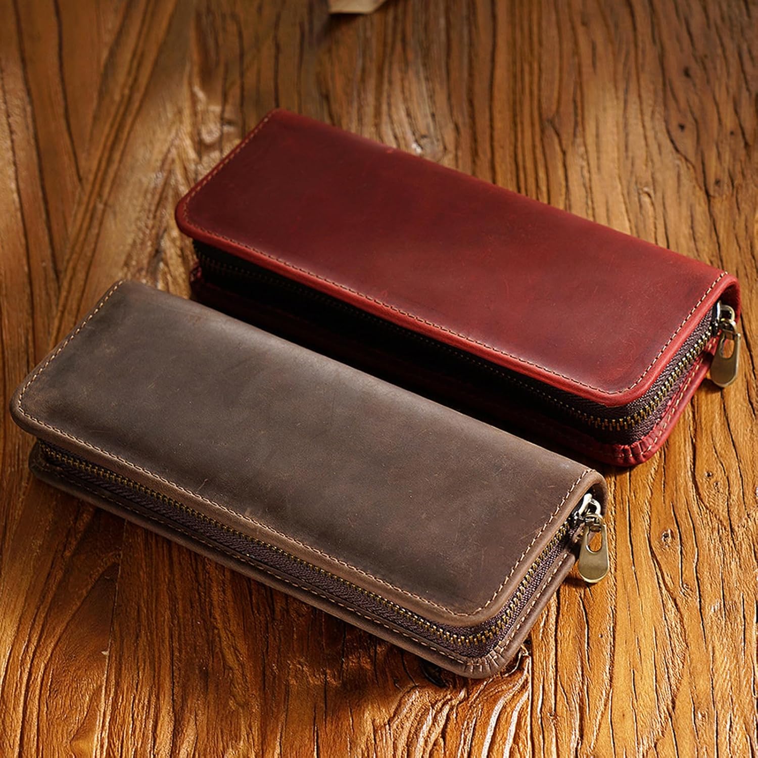 Leather Pen Case Fountain Holder Zippered Pouches Elastic Slots Hold 5-11 Pencil for Women Men Vintage Pen Pouches, Dark Green